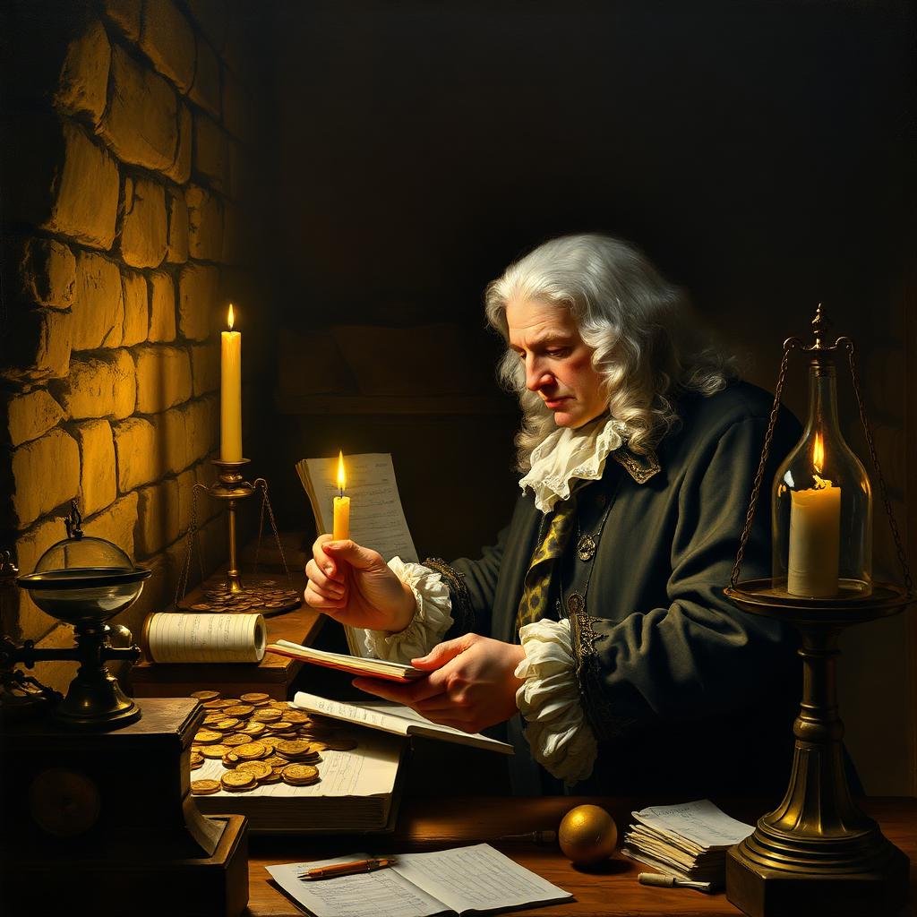 Isaac Newton as Master of the Royal Mint, examining gold coins under candlelight in a 17th century mint with ledgers, scales and a balance.