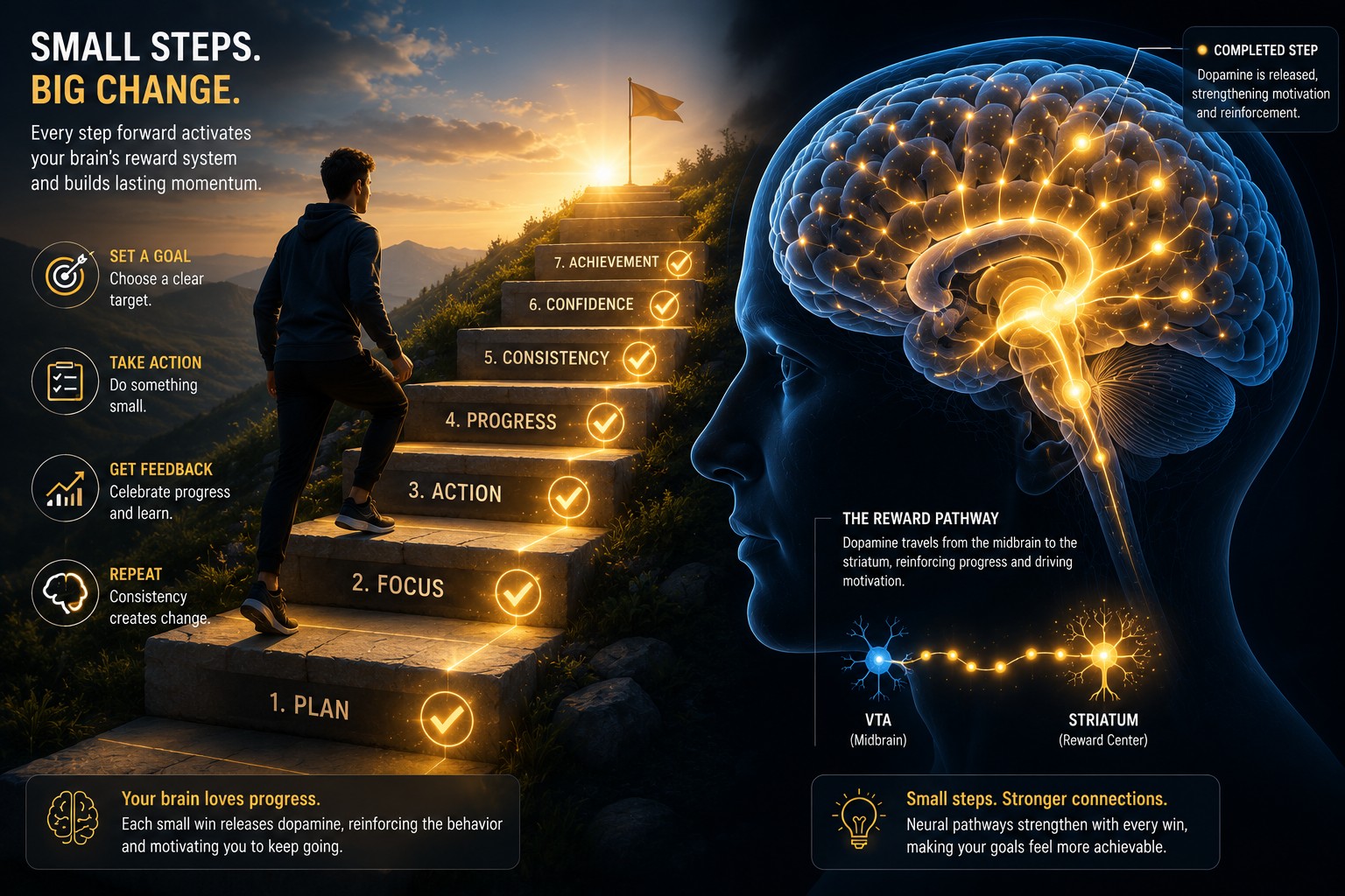 Small steps, big change — every completed step releases dopamine, strengthens motivation, and reinforces the habit of progress.