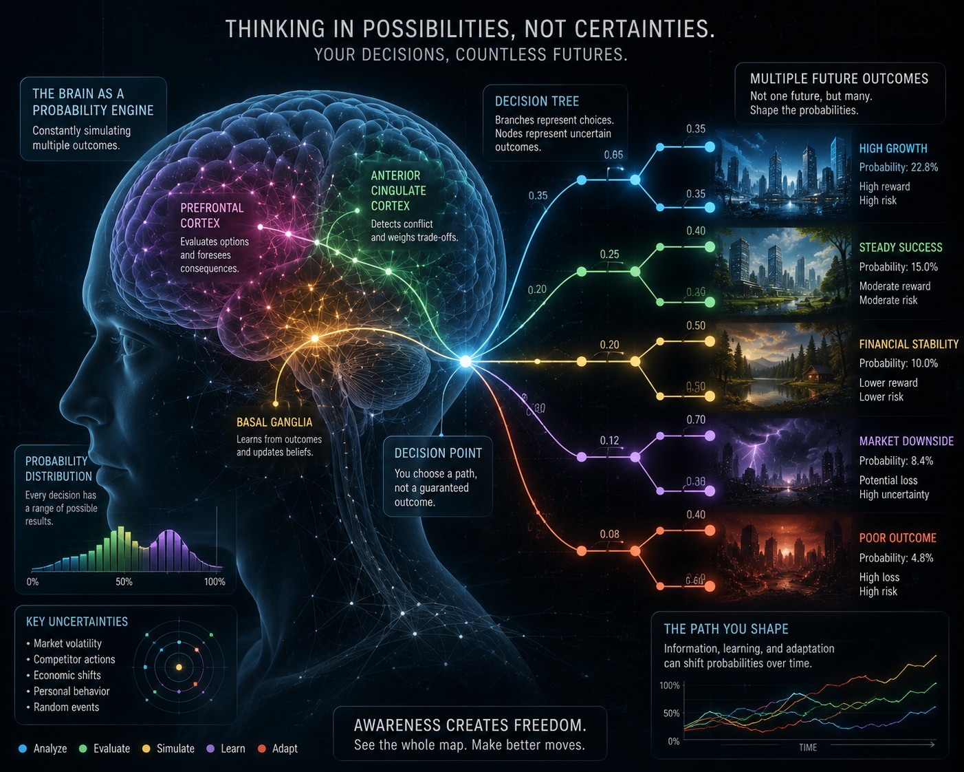 A transparent human brain overlaid with probability charts, branching decision trees, and multiple possible future outcomes instead of a single fixed path.