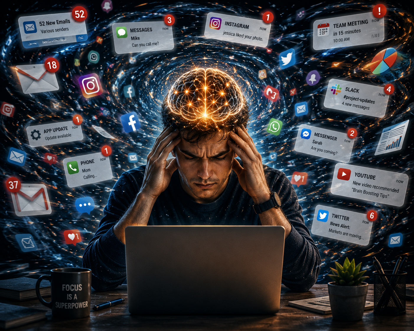 A person trying to work while colorful notifications swirl around them like a storm, their brain glowing as they fight to stay focused.