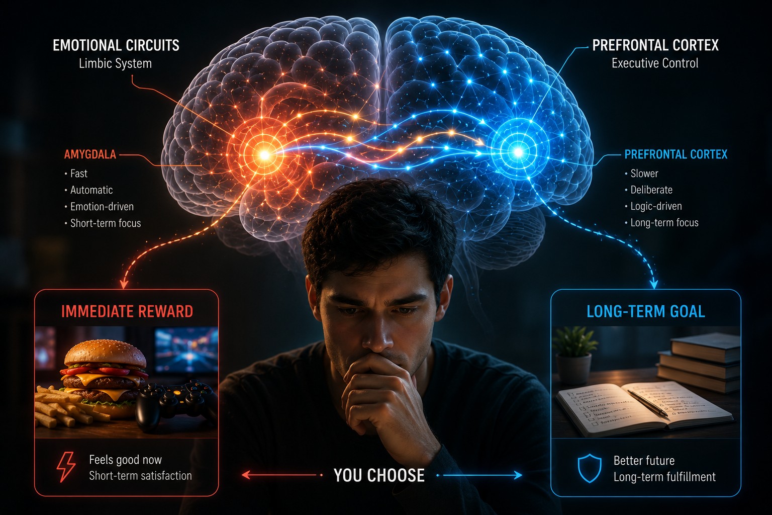 Transparent human brain highlighting emotional circuits (amygdala, limbic system) and the prefrontal cortex exchanging glowing signals while a person chooses between an immediate reward and a long-term goal.
