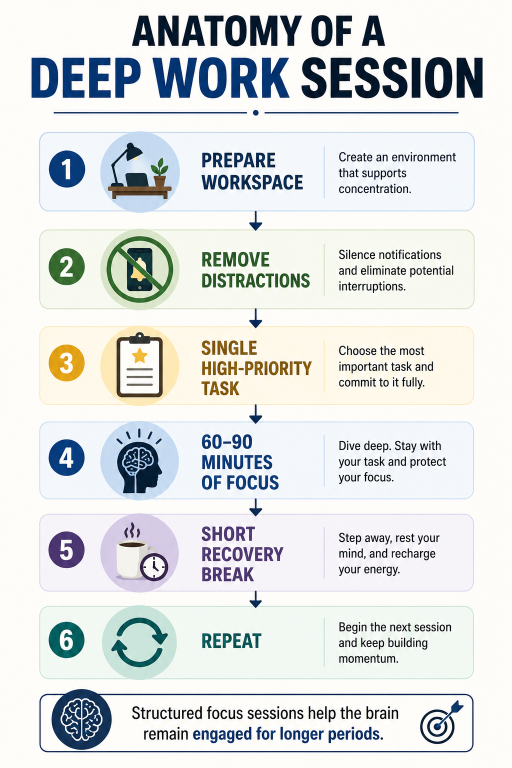 Anatomy of a deep work session — prepare workspace, remove distractions, single task, 60–90 minutes of focus, short recovery, repeat.