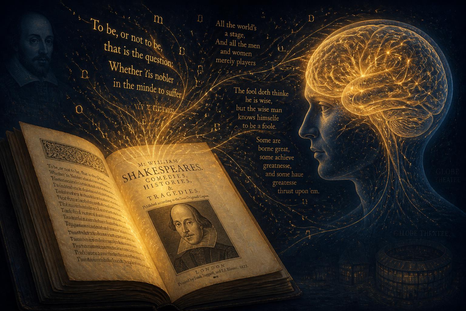 An open First Folio with Shakespeare's words radiating outward as glowing neural pathways into a luminous human brain — the long reach of his language on cognition.