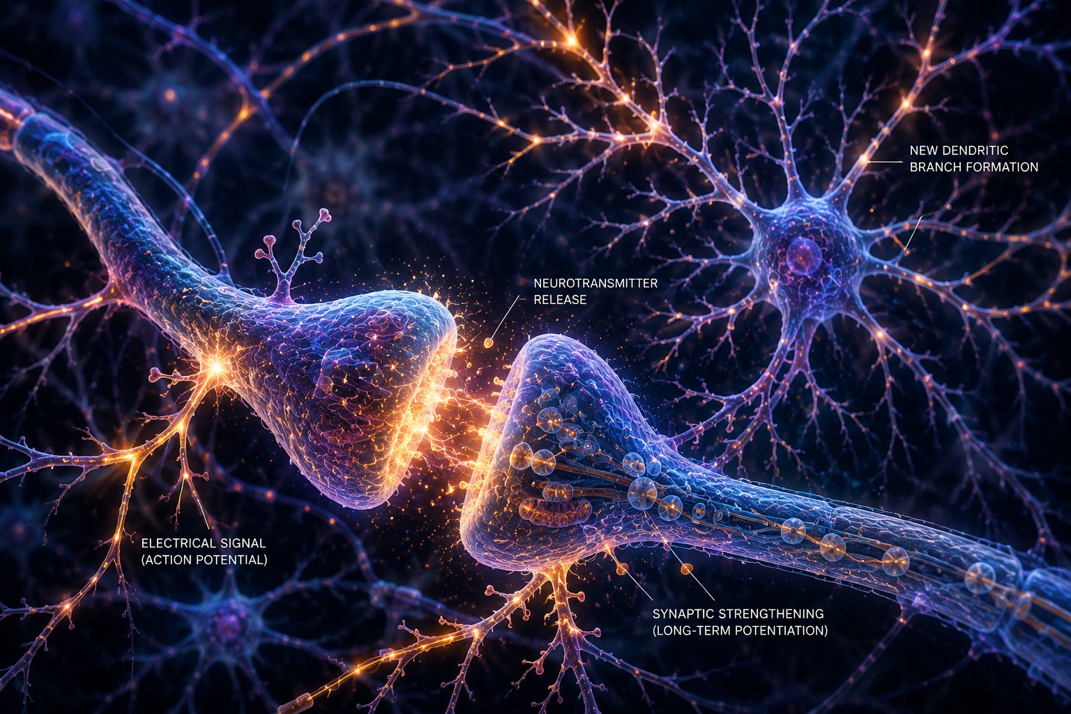 Highly detailed microscopic visualization of neurons exchanging electrical signals across glowing synapses while new dendritic branches form.