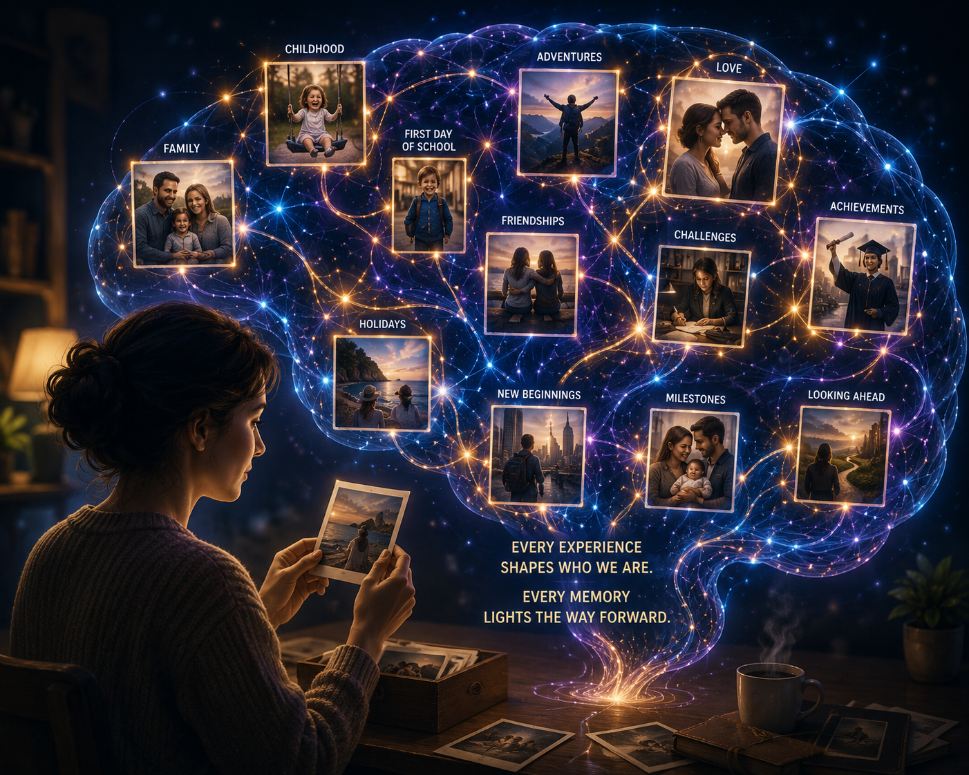 Memory allows us to maintain continuity across the years — a person looking at photographs of their life.