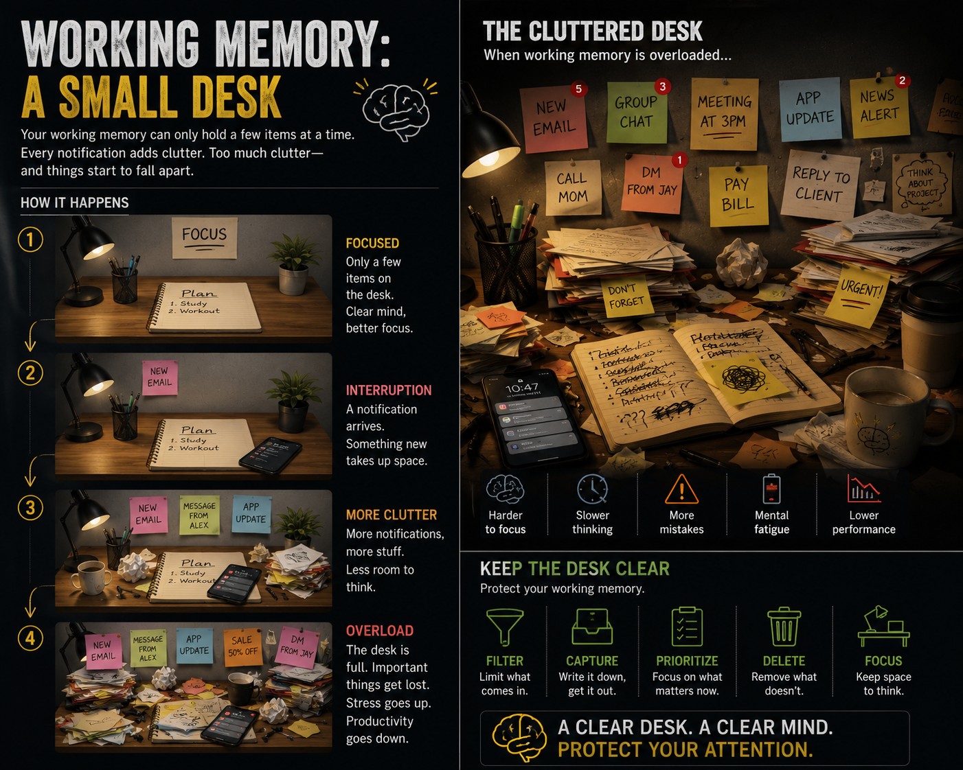 Working memory illustrated as a small desk that becomes cluttered and disorganized with each incoming notification — a clear desk is a clear mind.