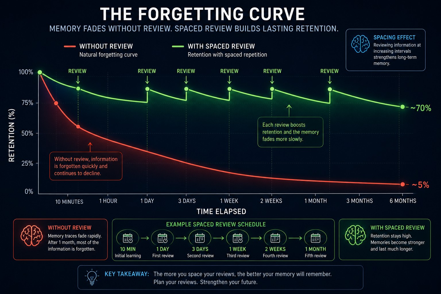 The forgetting curve — memory fades without review. Spaced review builds lasting retention.