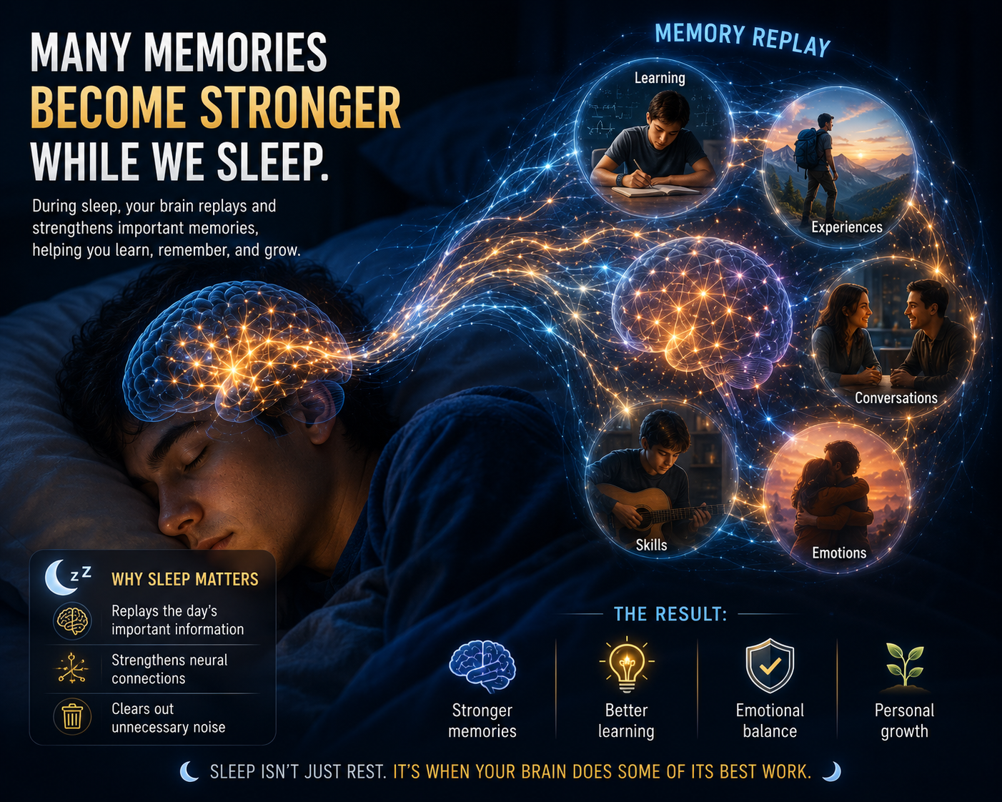 Many memories become stronger while we sleep — replay and consolidation in action.
