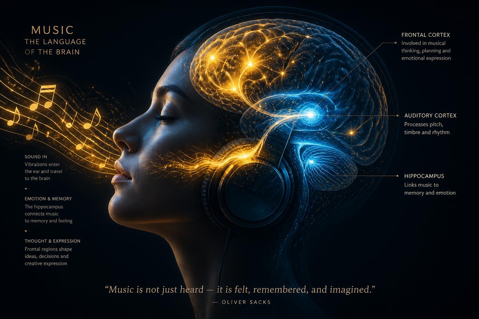 Conceptual illustration of music and the brain, with luminous notes entering the ear and lighting up auditory cortex, hippocampus and frontal regions.
