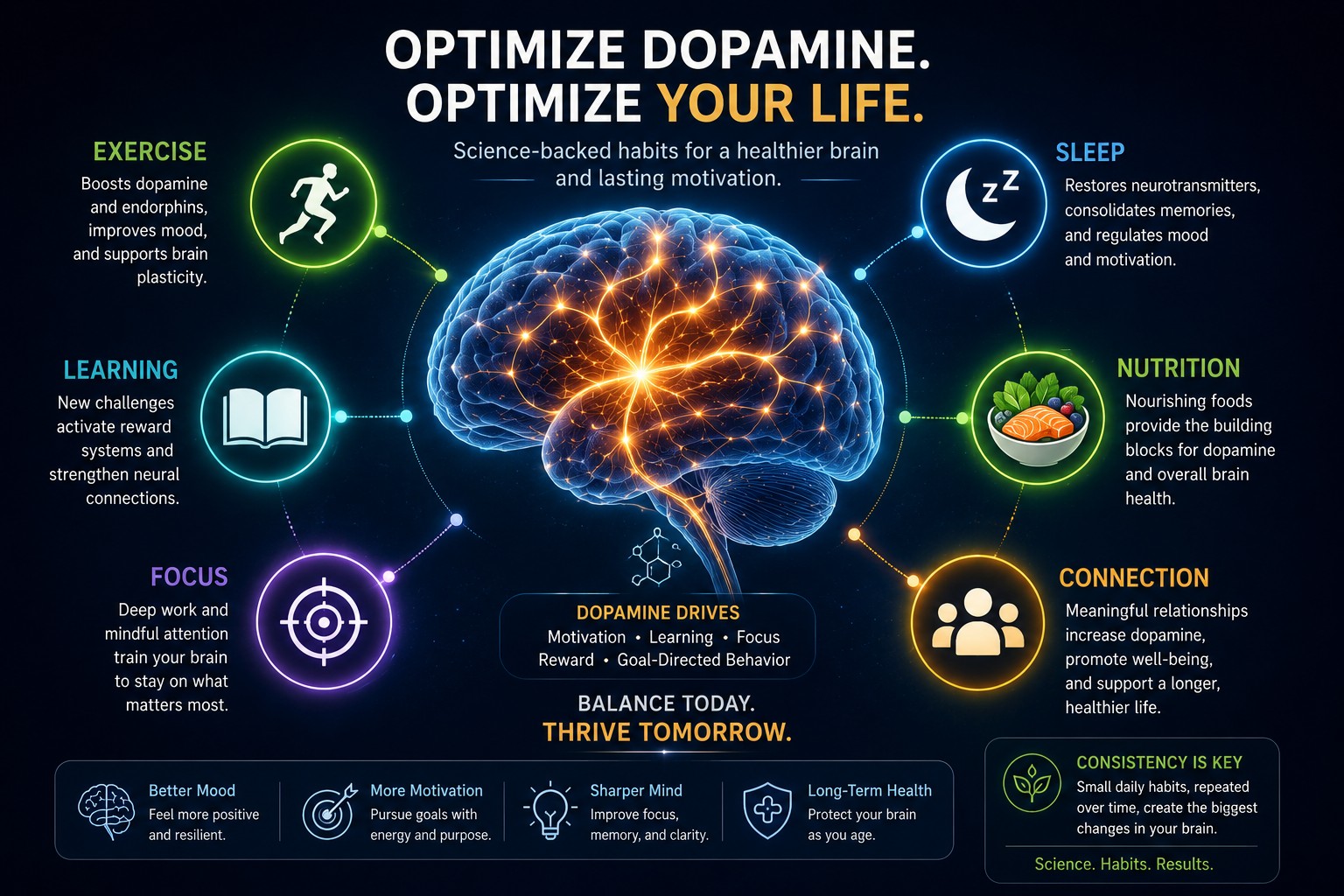 Optimize dopamine, optimize your life — exercise, sleep, learning, nutrition, focus and meaningful connection working together for a healthier brain.