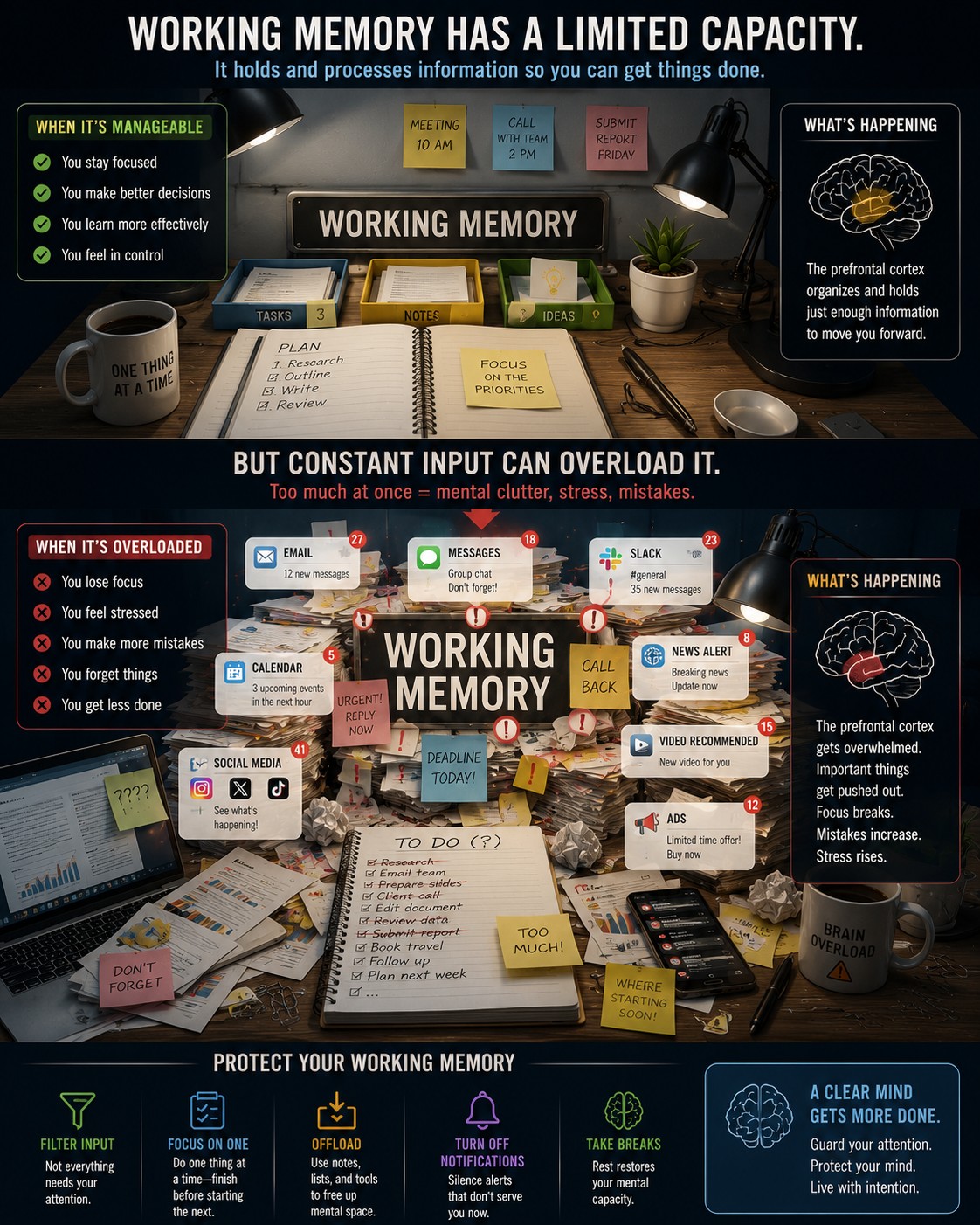 A cluttered desk labeled 'Working Memory' becoming overloaded with notifications, documents, videos, and messages until information spills over.