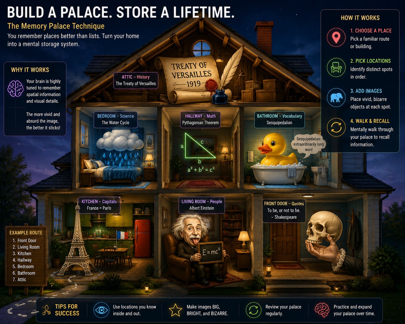 A stylized house where each room contains exaggerated visual representations of facts being stored, illustrating the memory palace technique.