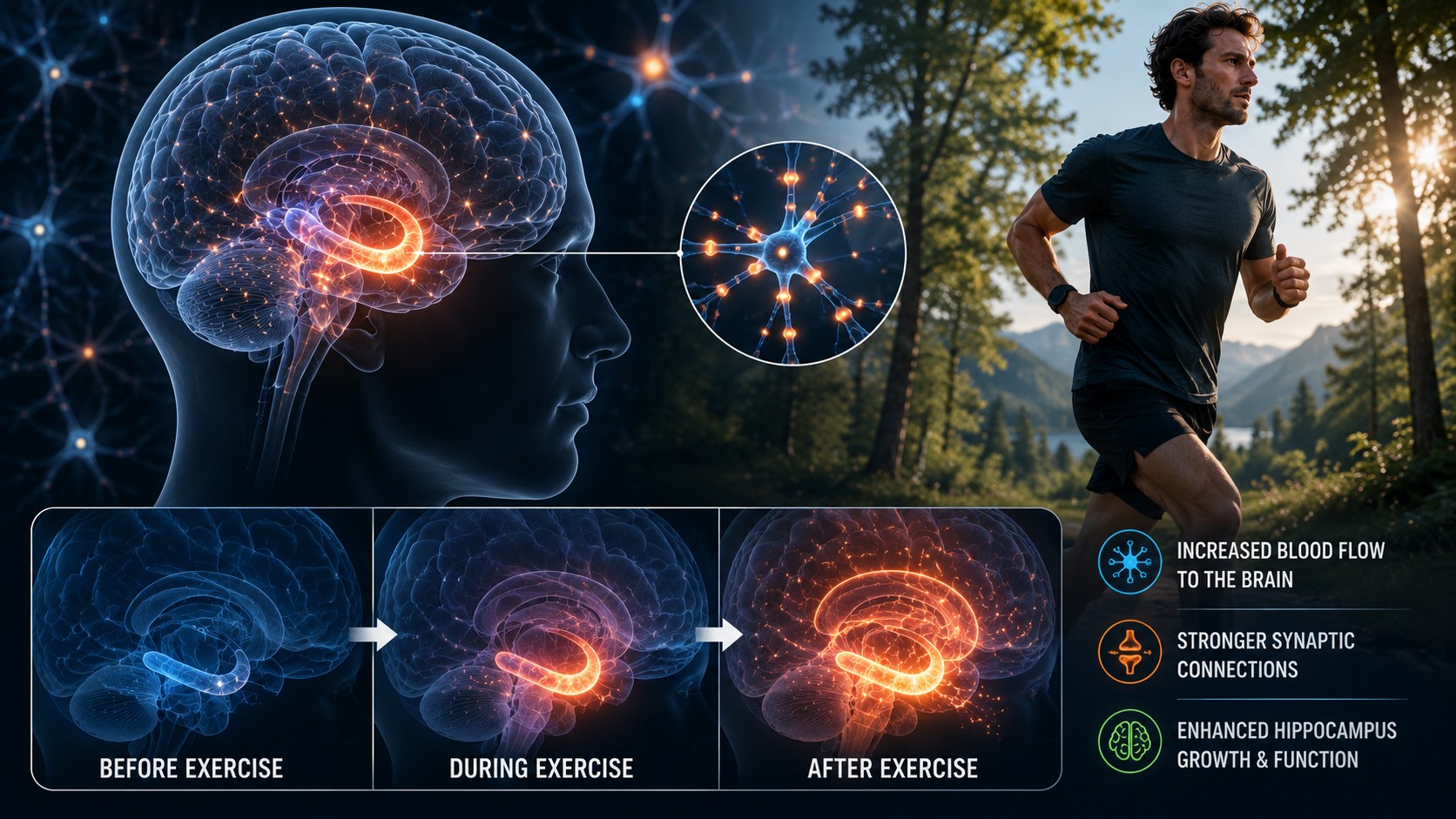 Semi-transparent brain highlighting the hippocampus growing brighter during physical exercise — before, during and after.