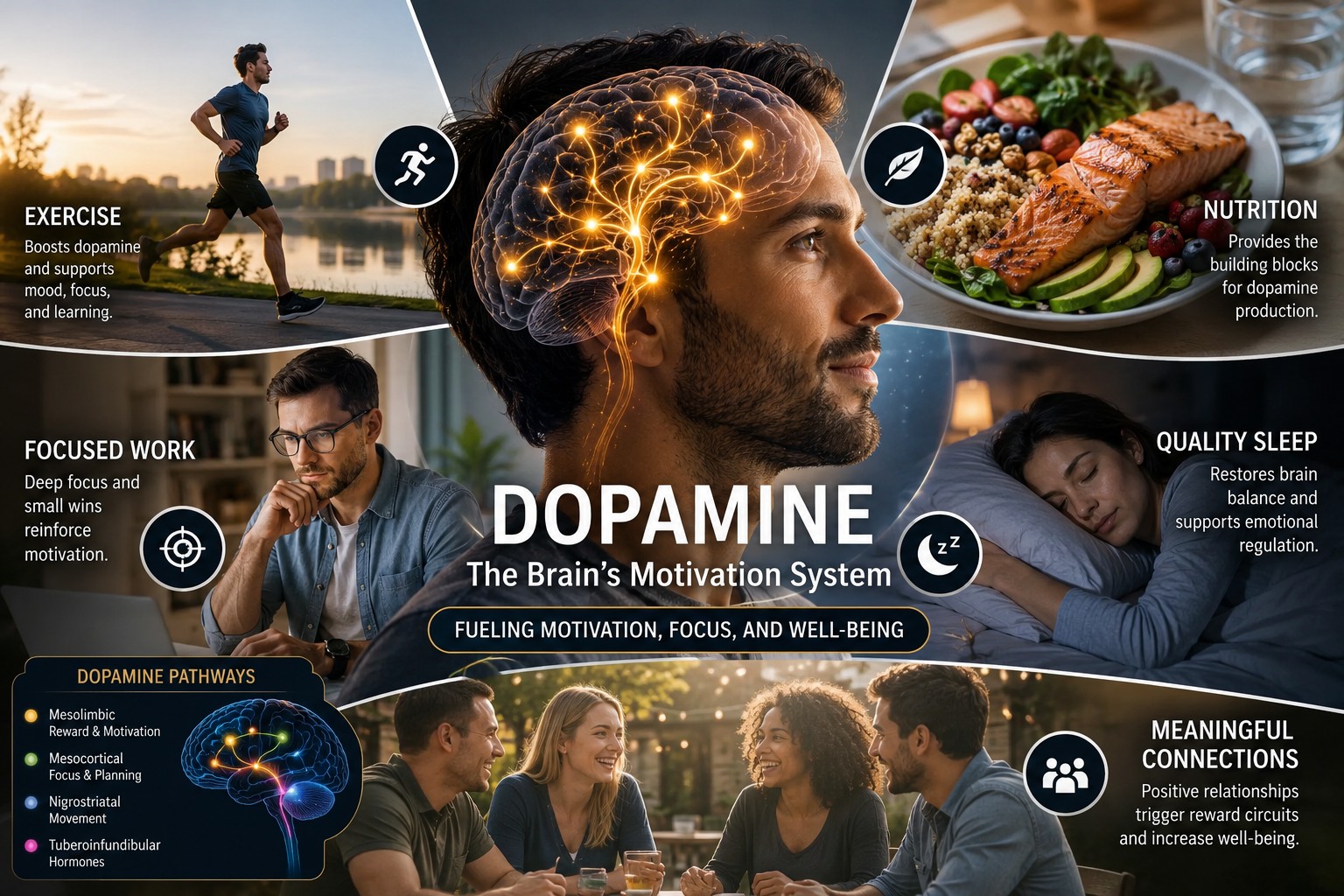 A balanced lifestyle for dopamine — exercise, nutrition, focused work, quality sleep and meaningful connection, all converging on a healthy reward system.