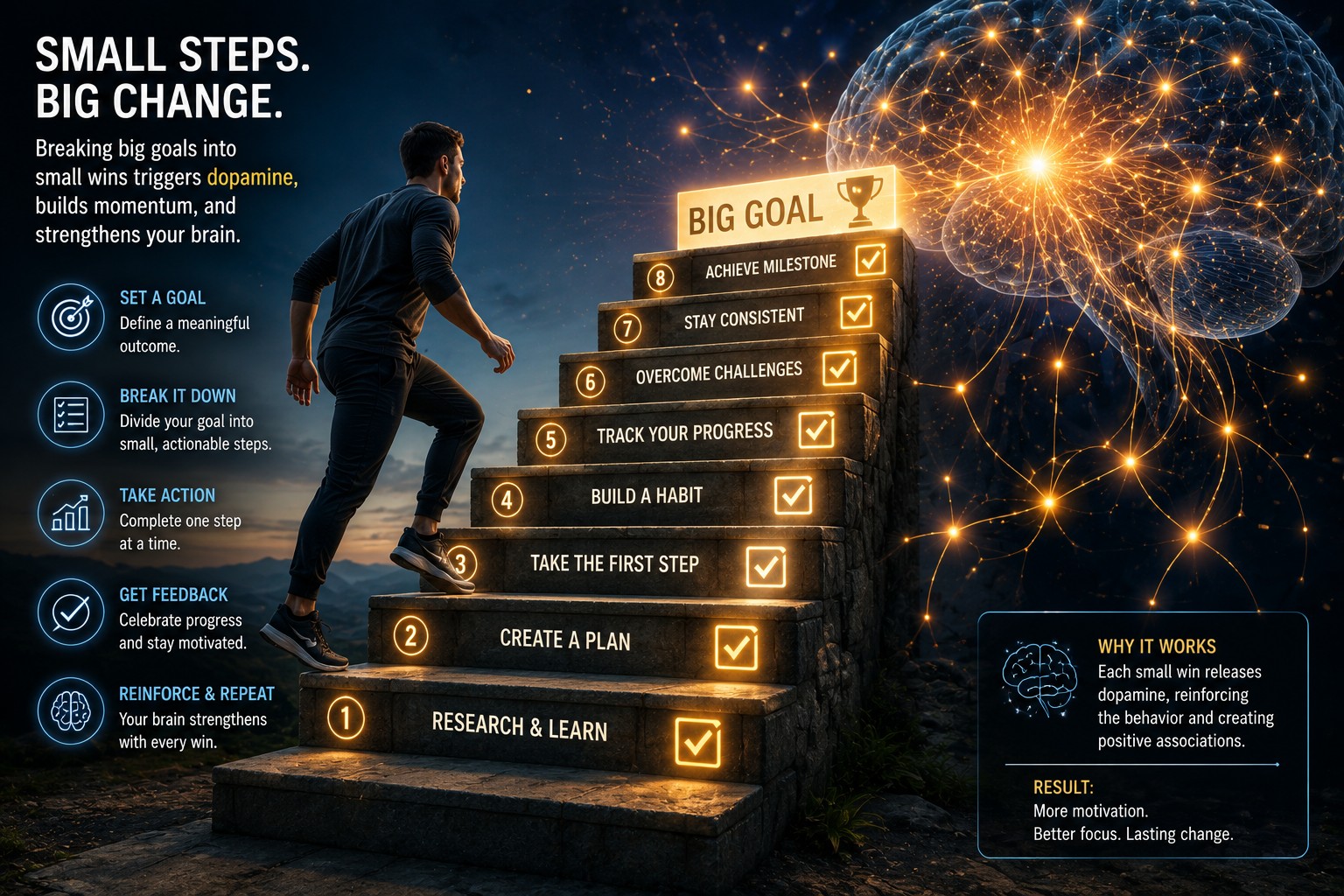 A staircase of incremental goals — each illuminated step releases dopamine and strengthens the neural connections that drive lasting change.