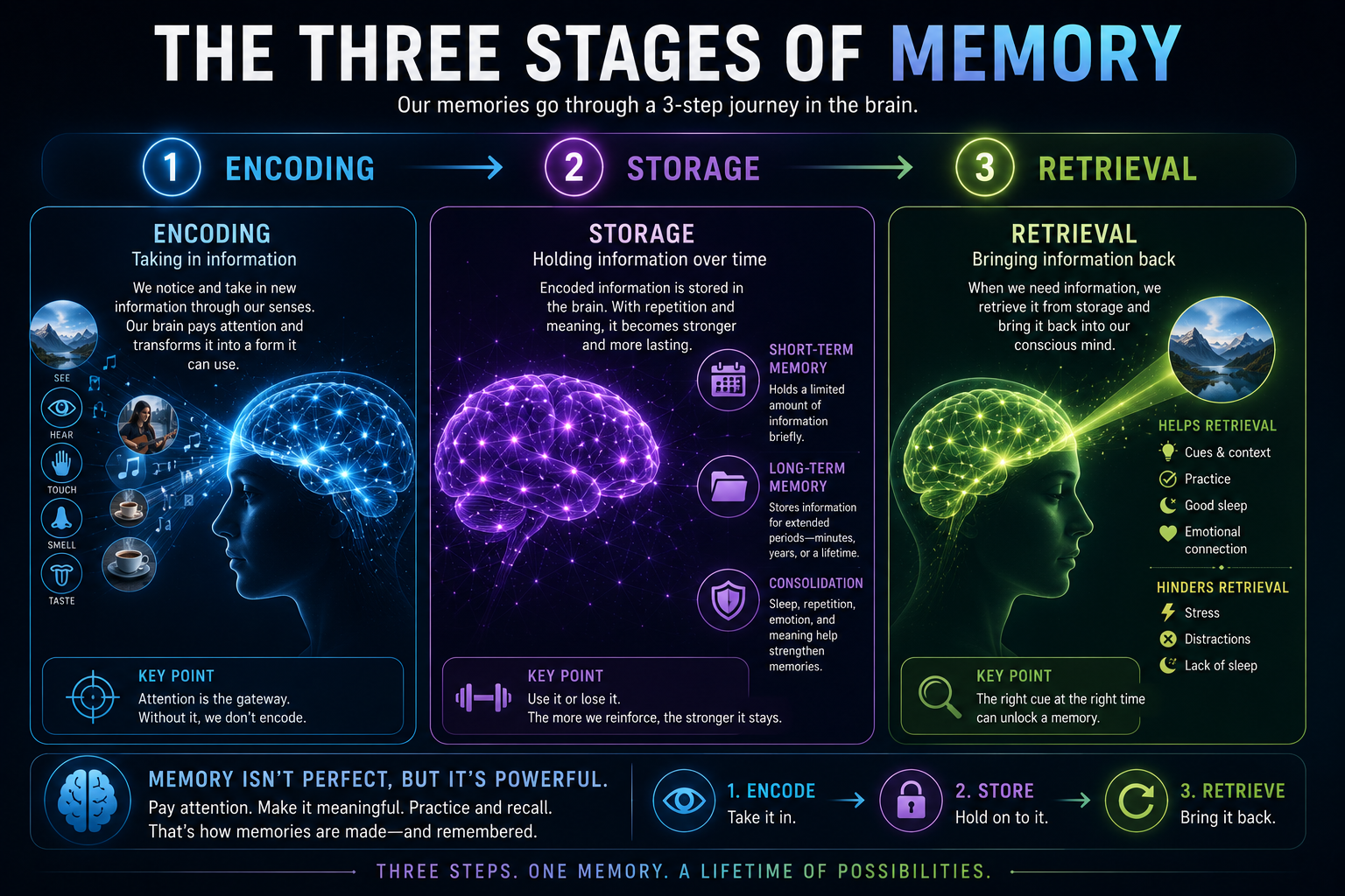 The Three Stages of Memory — Encoding, Storage and Retrieval.