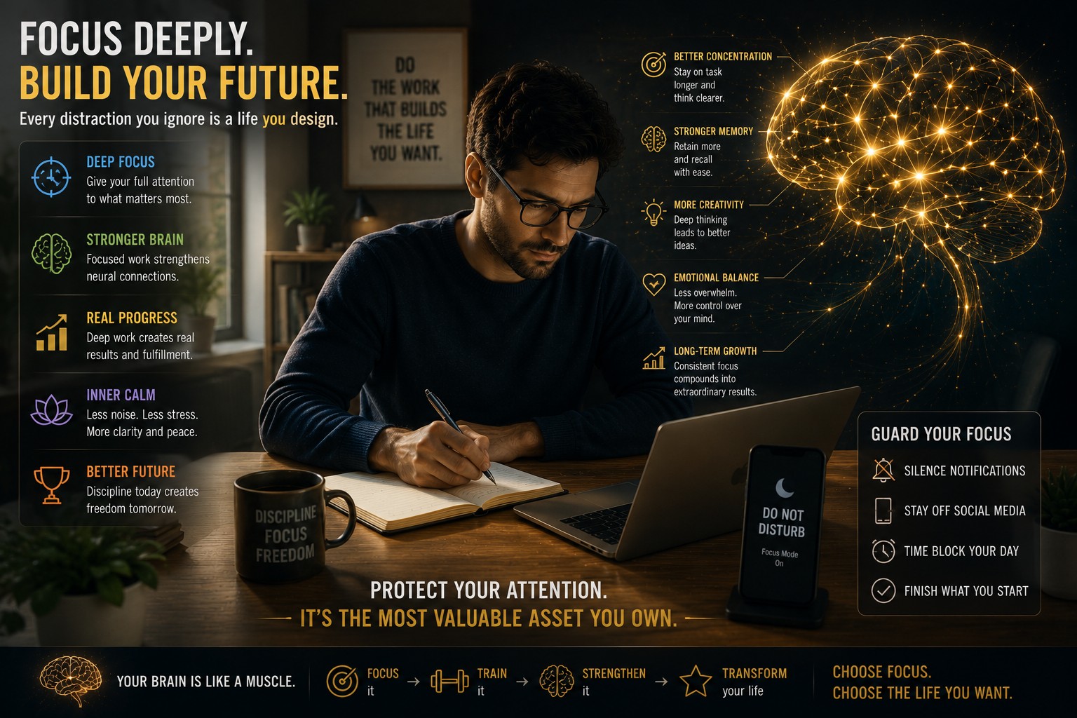 A calm professional working deeply at a clean desk with notifications silenced, while neural pathways in the brain become brighter and more organized.