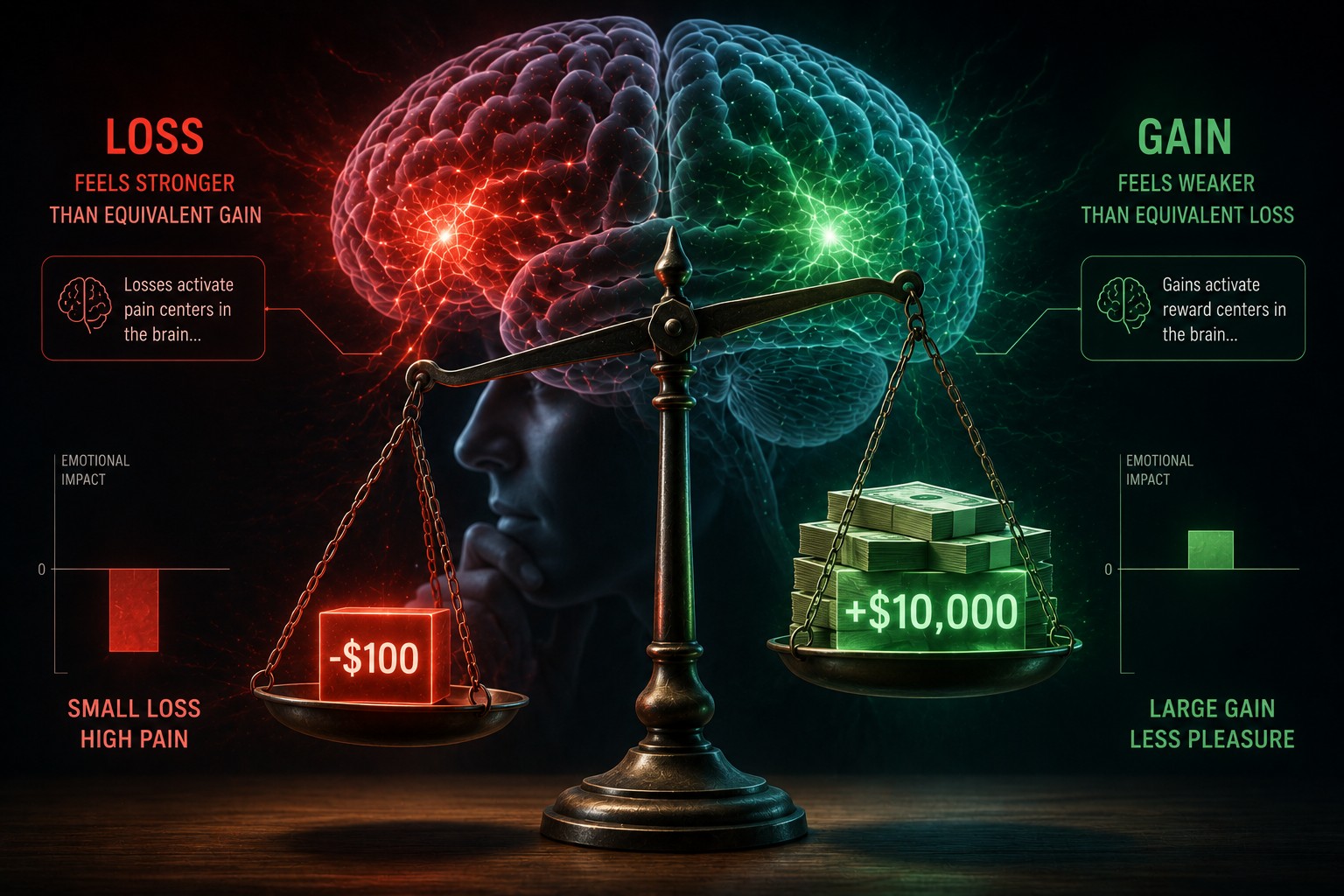 A balanced scale where one side shows a small financial loss glowing red and outweighing a much larger green gain, illustrating the brain's disproportionate emotional response to losses.