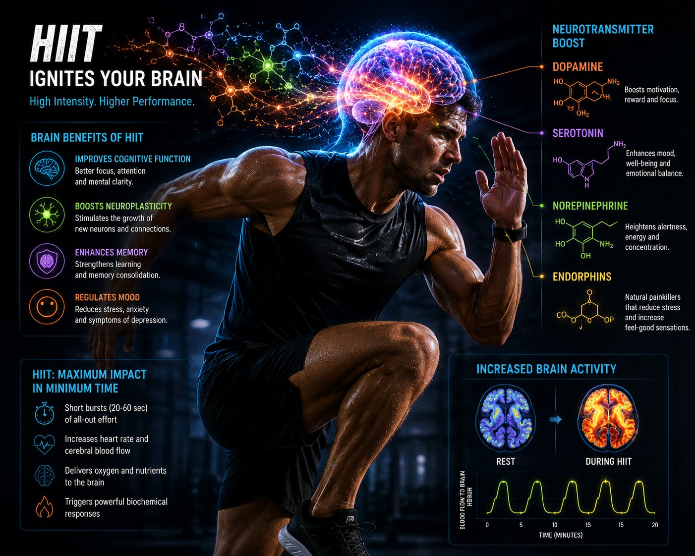 Athlete performing HIIT while brain activity and neurotransmitters illuminate around the head.