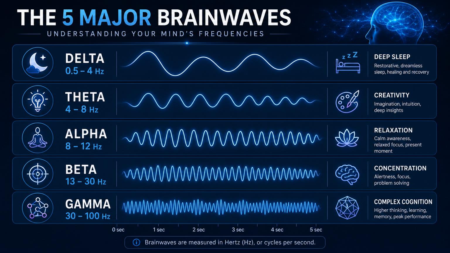 The five major brainwaves — Delta, Theta, Alpha, Beta, Gamma — with their frequency ranges and associated cognitive states.