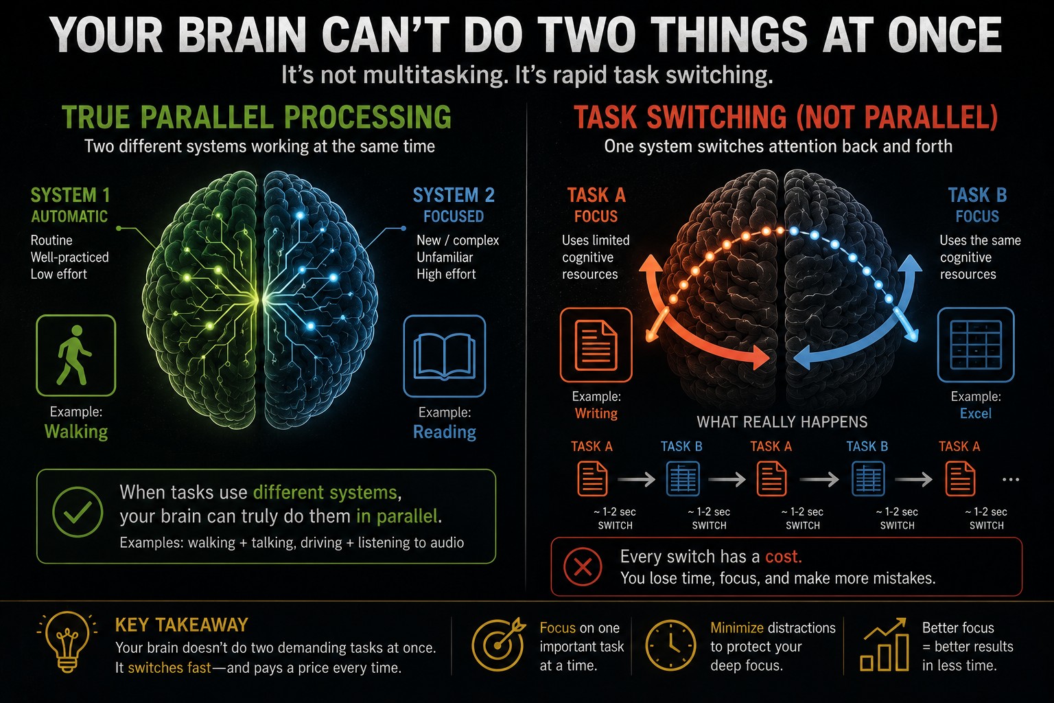 Diagram comparing True Parallel Processing versus Task Switching, showing attention bouncing back and forth between two cognitive tasks.