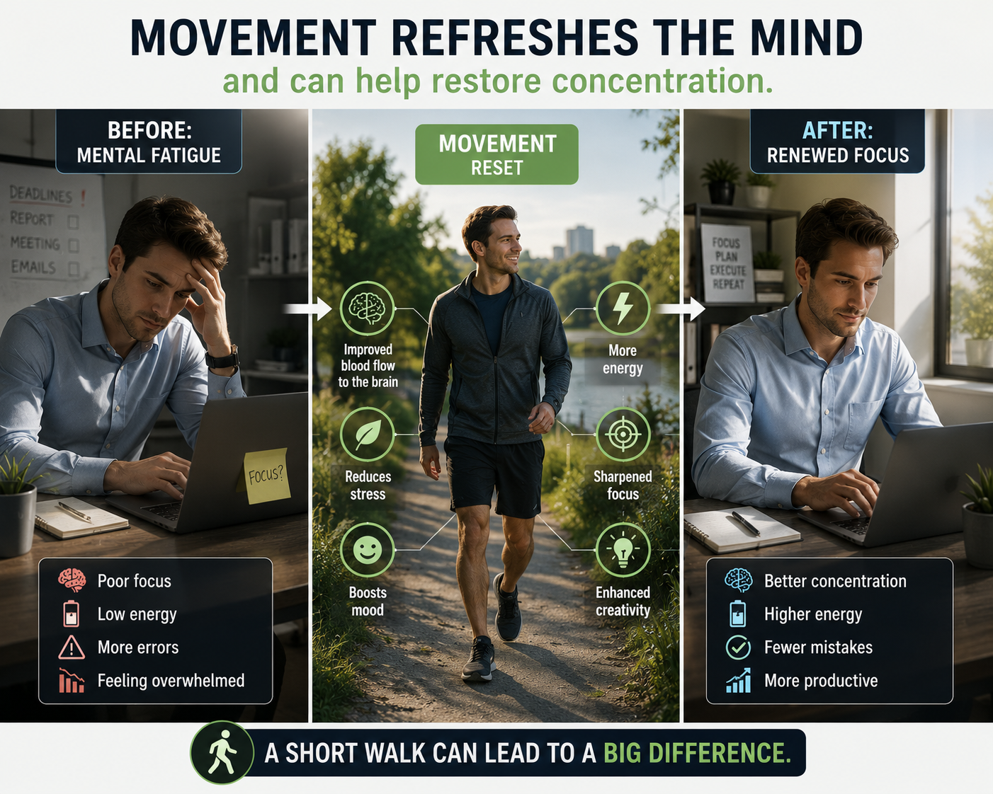 Movement refreshes the mind — a short walk can lead to a big difference in focus, energy and creativity.