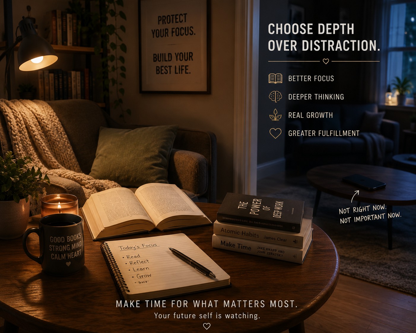 A cozy reading corner with an open book, notebook, and cup of coffee while a smartphone rests face-down in another room.