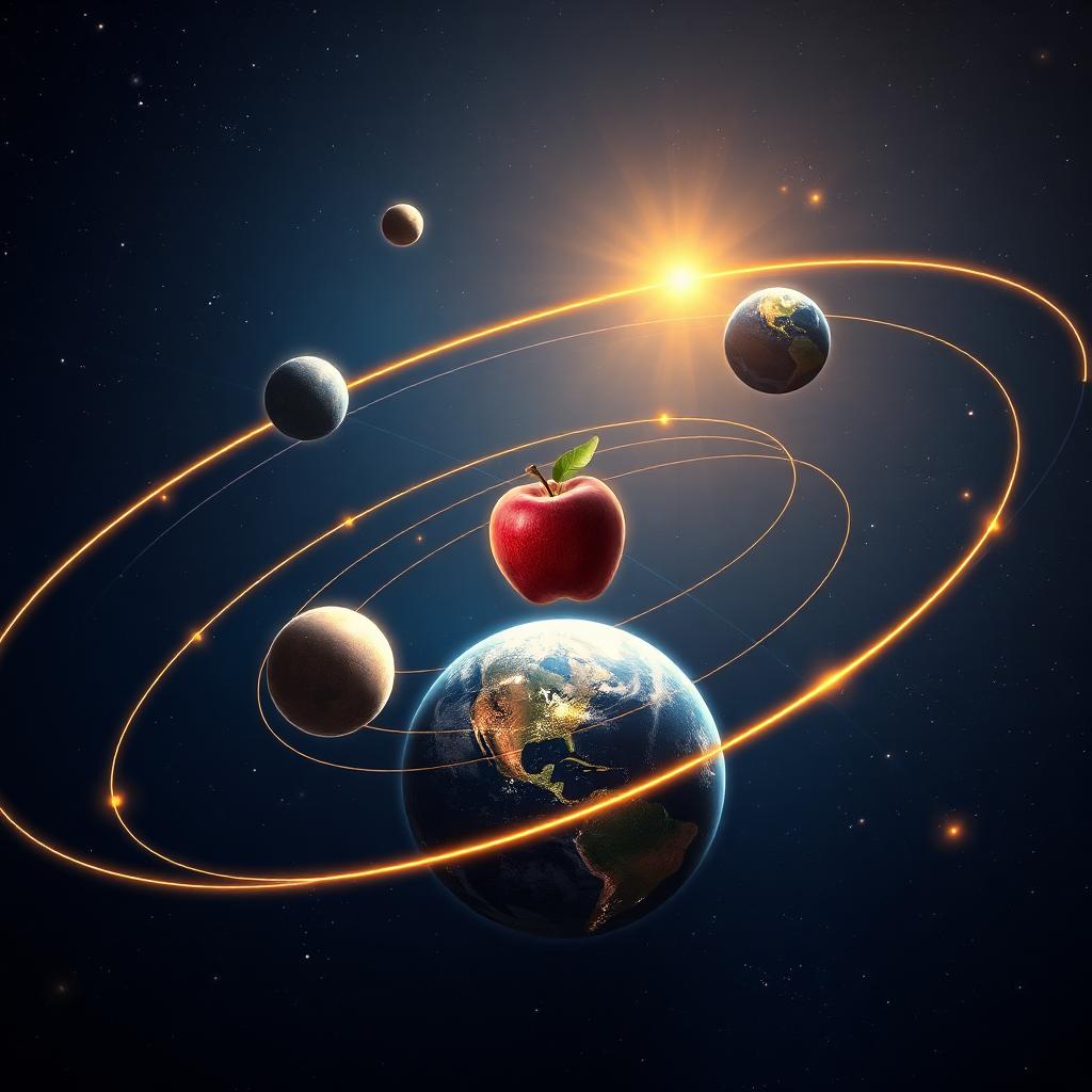 Conceptual visualization of universal gravitation: planets, the Moon and an apple connected by glowing curved lines of force around the Earth, set against a cosmic background.