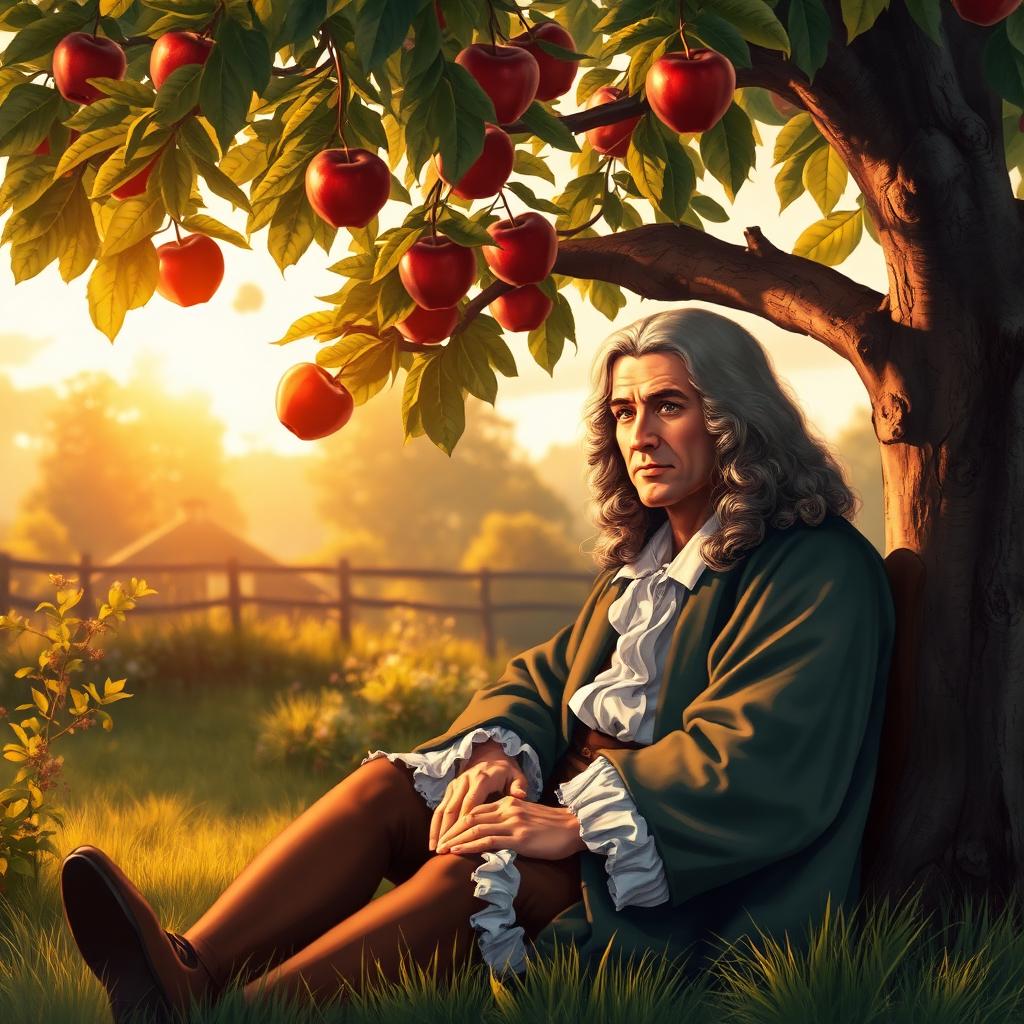 Isaac Newton sitting under an apple tree in an English country garden at golden hour, an apple falling from a branch overhead.