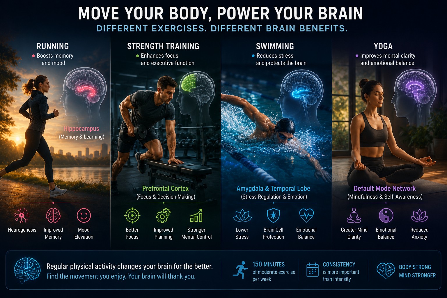 Move your body, power your brain — running, strength training, swimming and yoga and the different brain regions they activate.