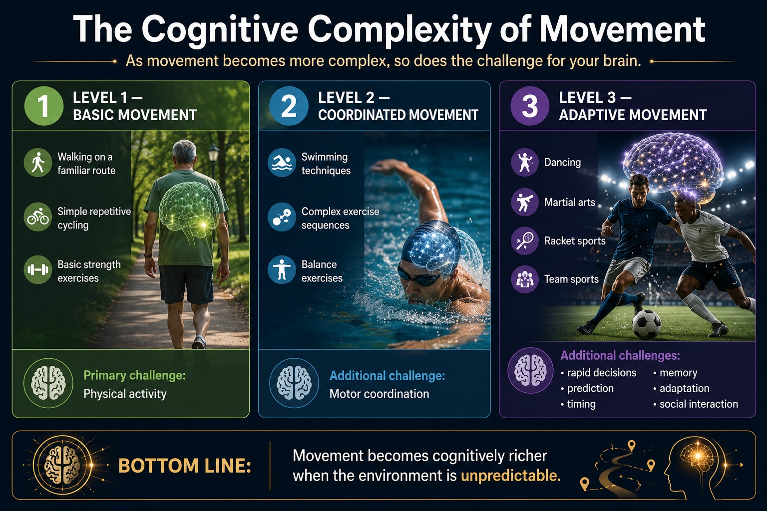 The Cognitive Complexity of Movement — from basic movement (walking, cycling) to coordinated movement (swimming, balance) to adaptive movement (dance, martial arts, team sports).