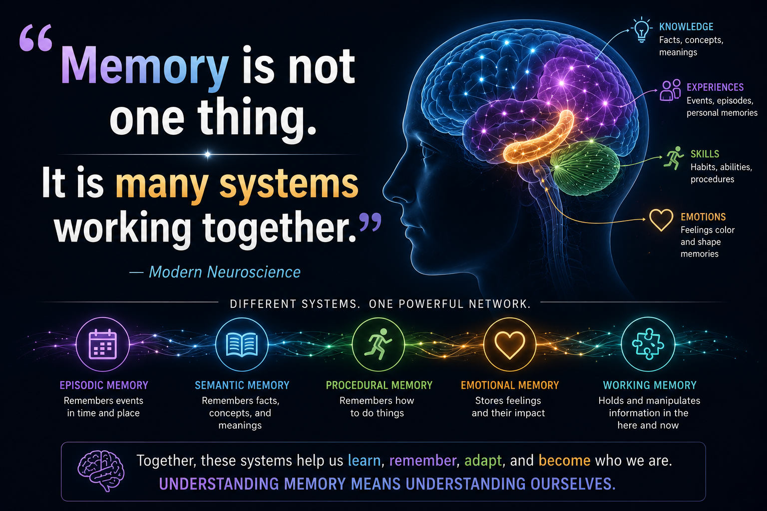 “Memory is not one thing. It is many systems working together.” — Modern Neuroscience