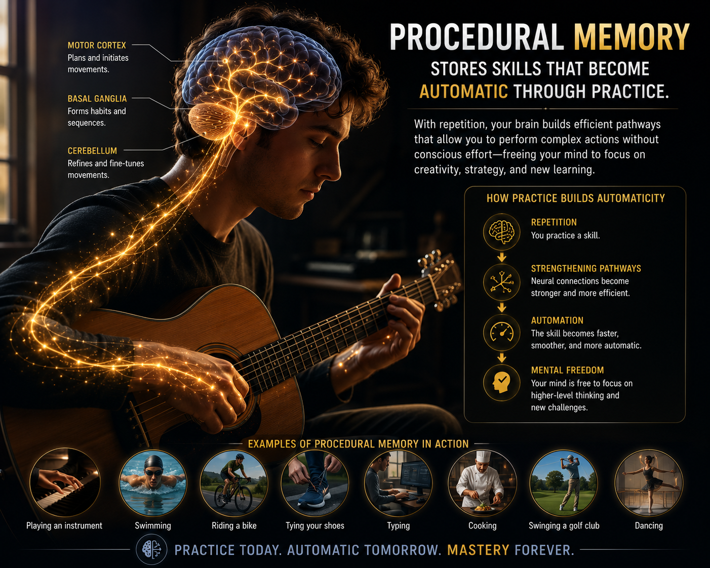 Procedural memory stores skills that become automatic through practice — a musician playing an instrument.