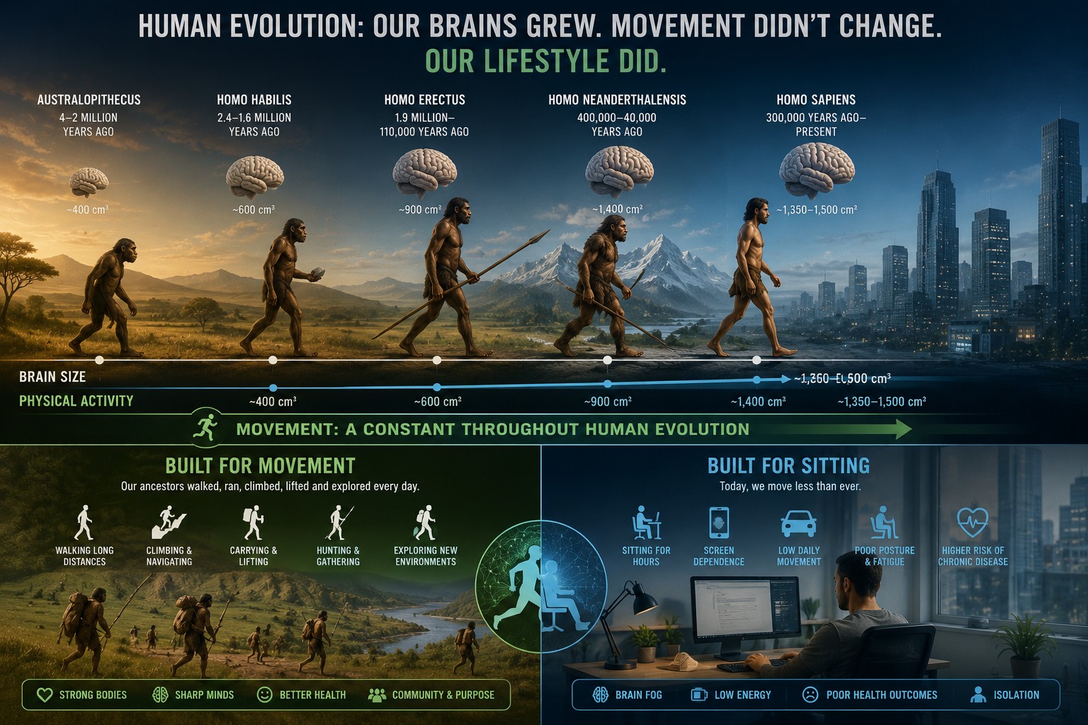 Human evolution timeline showing the progression from Australopithecus to Homo sapiens, contrasting ancestral movement with modern sedentary lifestyles.