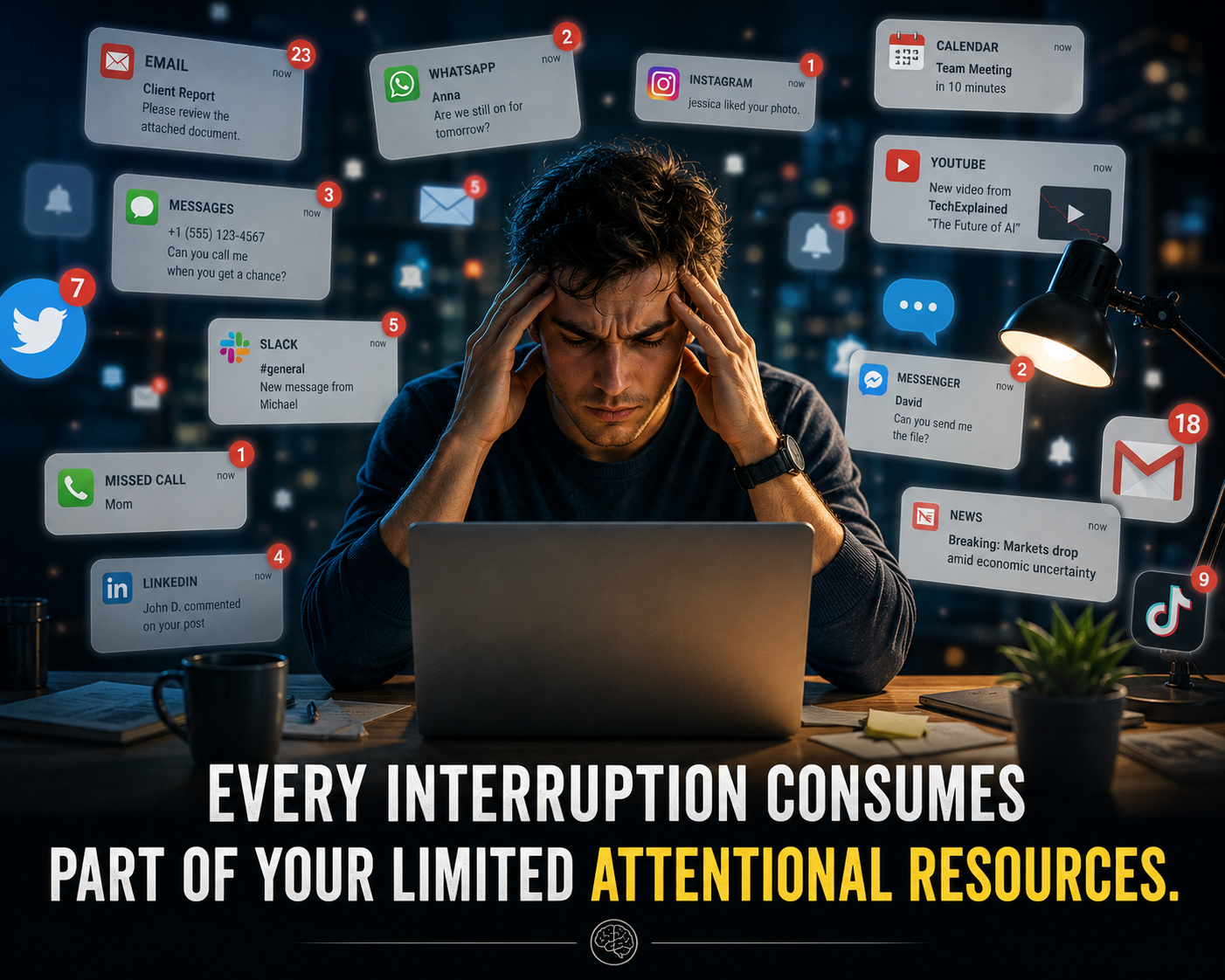 A person surrounded by floating notifications, emails and chat bubbles — every interruption consumes part of your limited attentional resources.