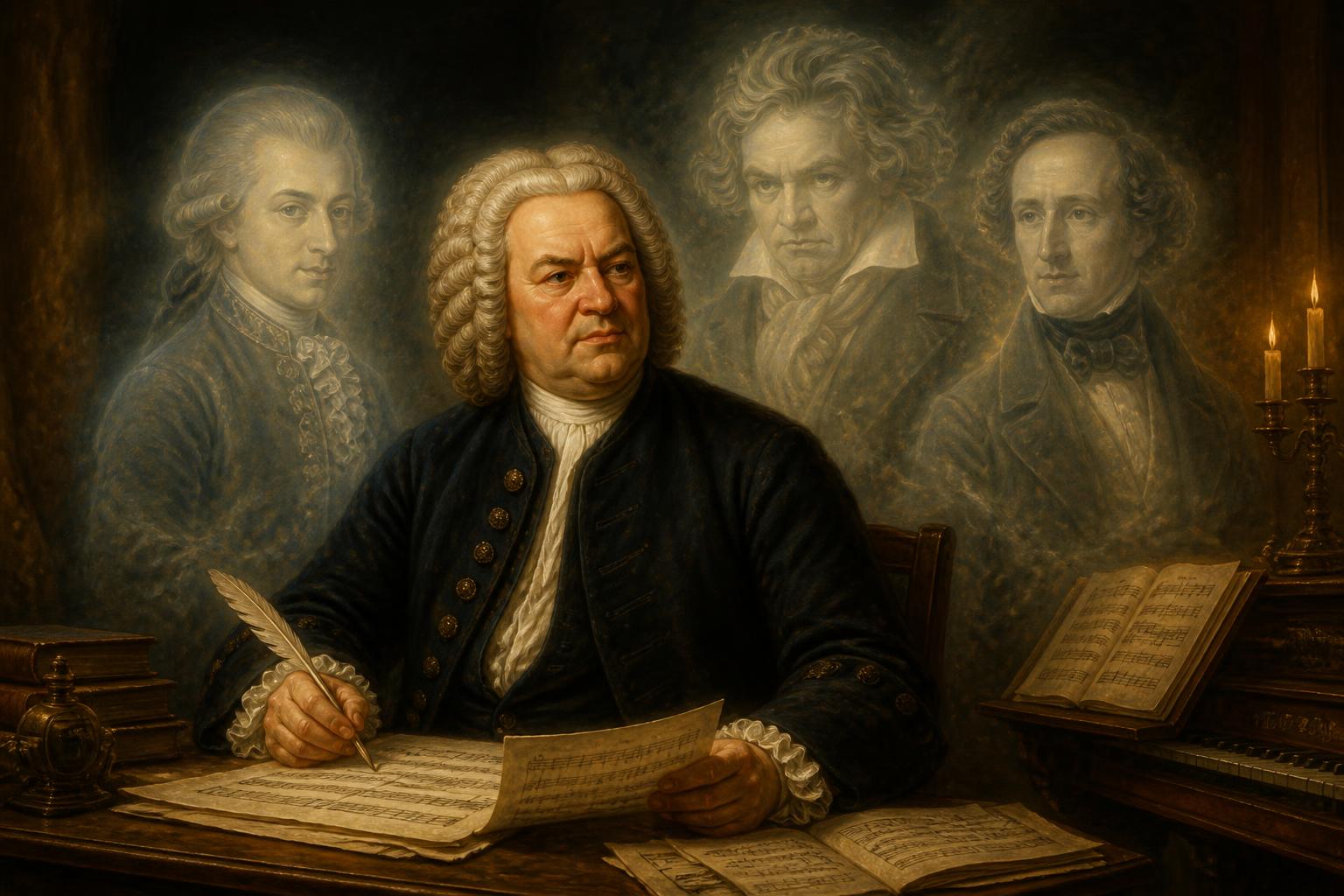 Bach at his desk with the silhouettes of Mozart, Beethoven and Mendelssohn appearing behind him — the long shadow of his music on later composers.