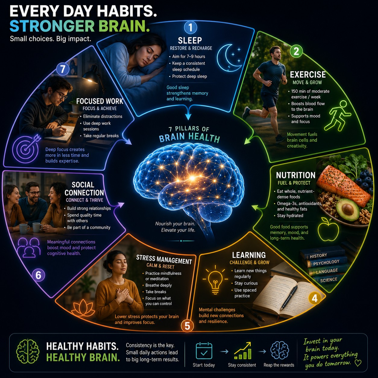 Every day habits, stronger brain — small choices lead to big impact across sleep, exercise, nutrition, learning, stress management, social connection, and focused work.