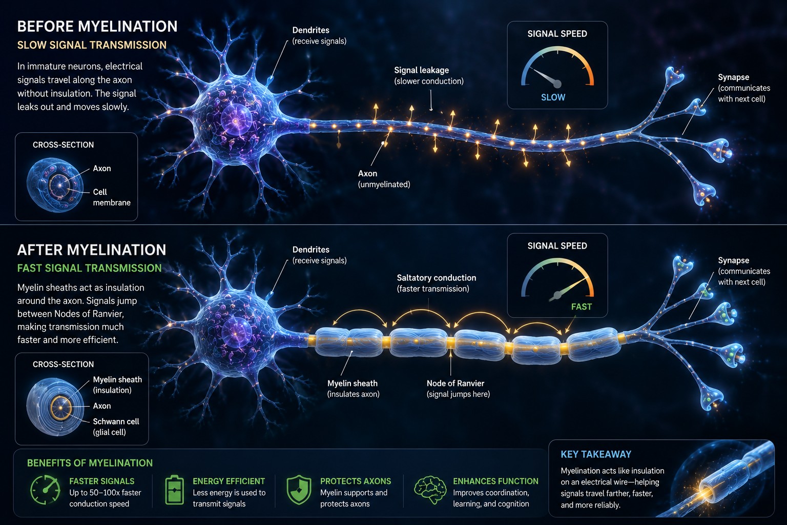 Cross-section of neurons before and after myelination, illustrating how thicker myelin sheaths accelerate signal transmission.