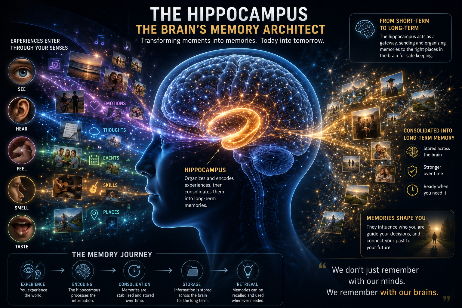 The Neuroscience of Memory — a glowing hippocampus inside a transparent human brain, surrounded by streams of memories being transformed into long-term storage.