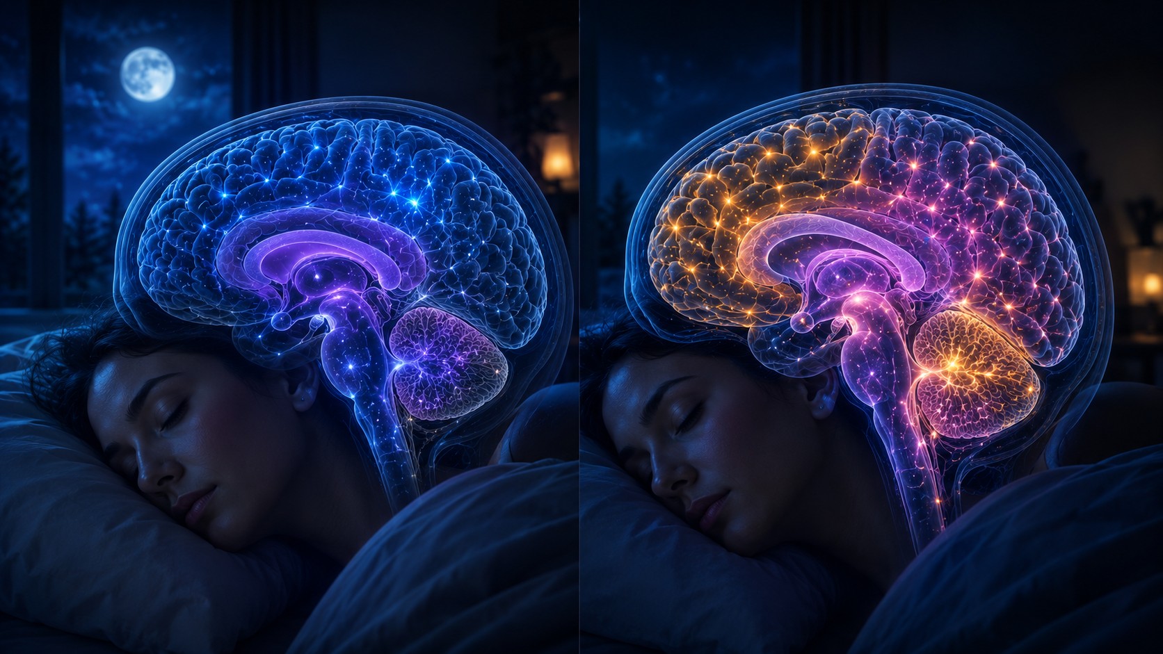 The human brain transitioning through deep sleep and REM sleep — different neural regions glowing in distinct colors.