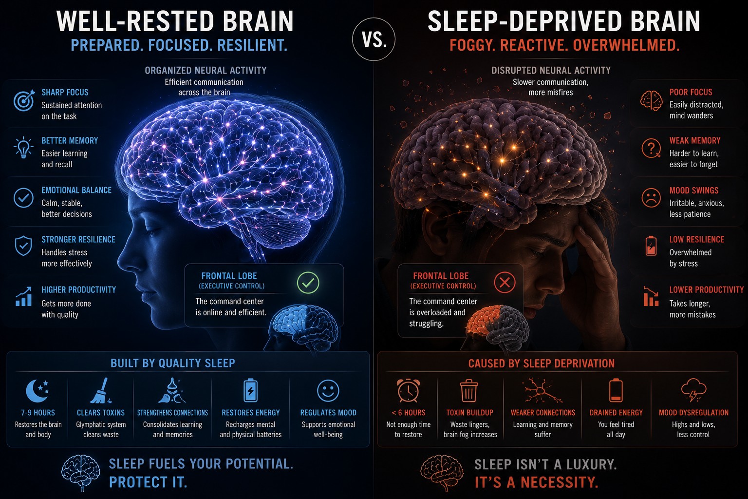 Side-by-side comparison of a well-rested brain with organized neural activity versus a sleep-deprived brain struggling to maintain attention.