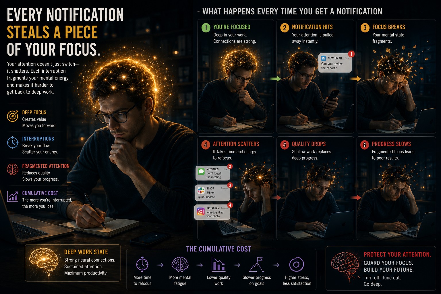 A focused worker whose concentration becomes fragmented each time notification bubbles appear around their smartphone.