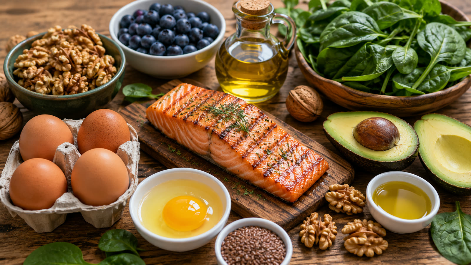 Fresh eggs, grilled salmon, walnuts, blueberries, spinach, olive oil and avocado arranged on a wooden table — evidence-based brain nutrition.