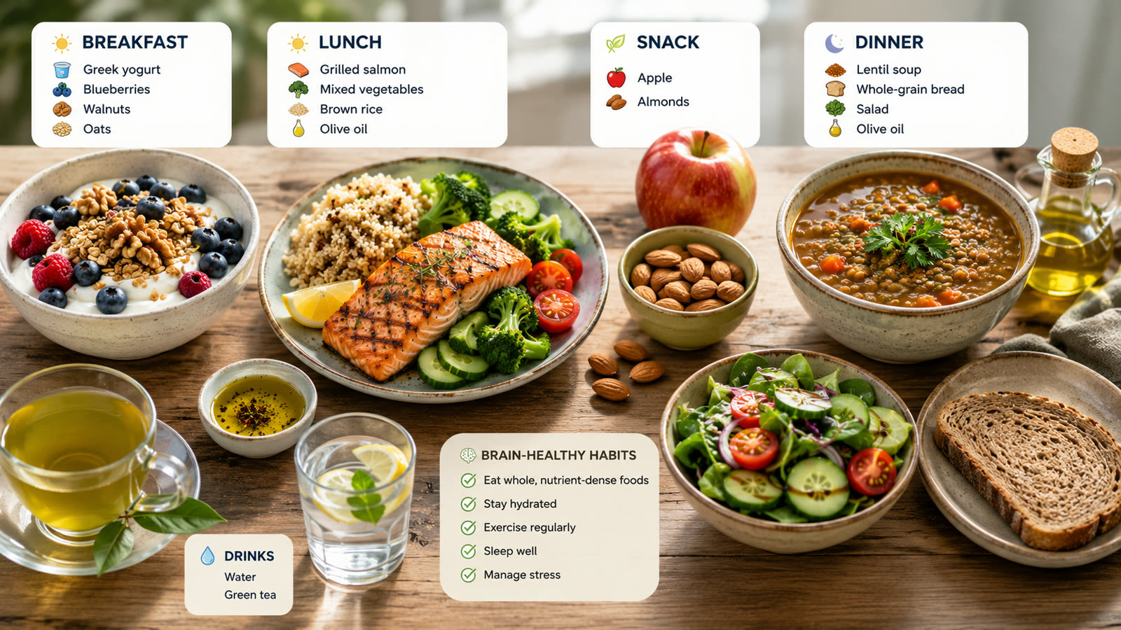 A full day of brain-healthy meals from breakfast to dinner — yogurt with berries, grilled salmon, vegetables, nuts, legumes, whole grains, olive oil and green tea.