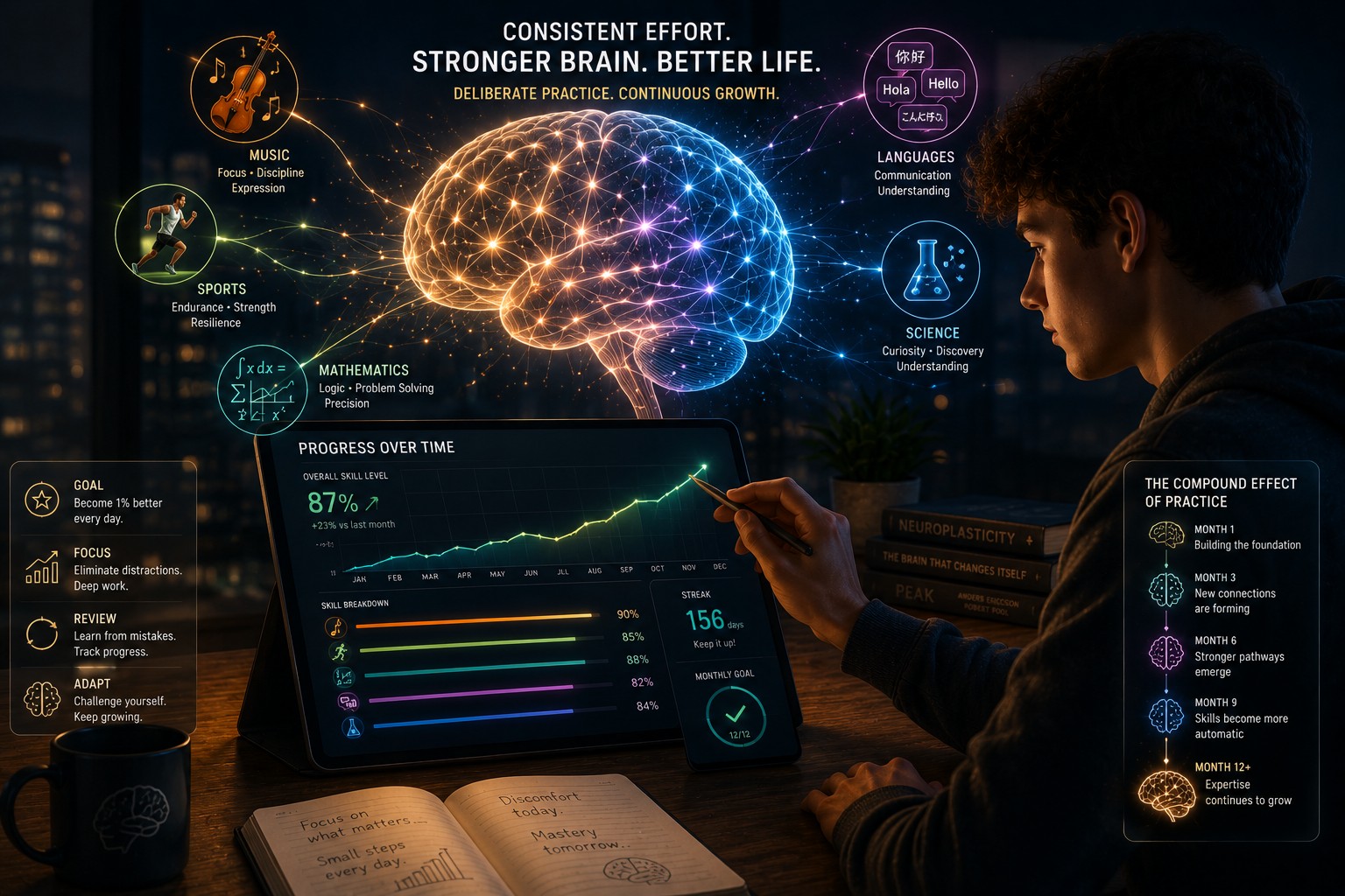 A learner reviewing progress across months while a glowing brain displays strengthening neural pathways, surrounded by icons representing music, sports, mathematics, languages, and science — symbolizing lifelong deliberate practice and continuous brain development.