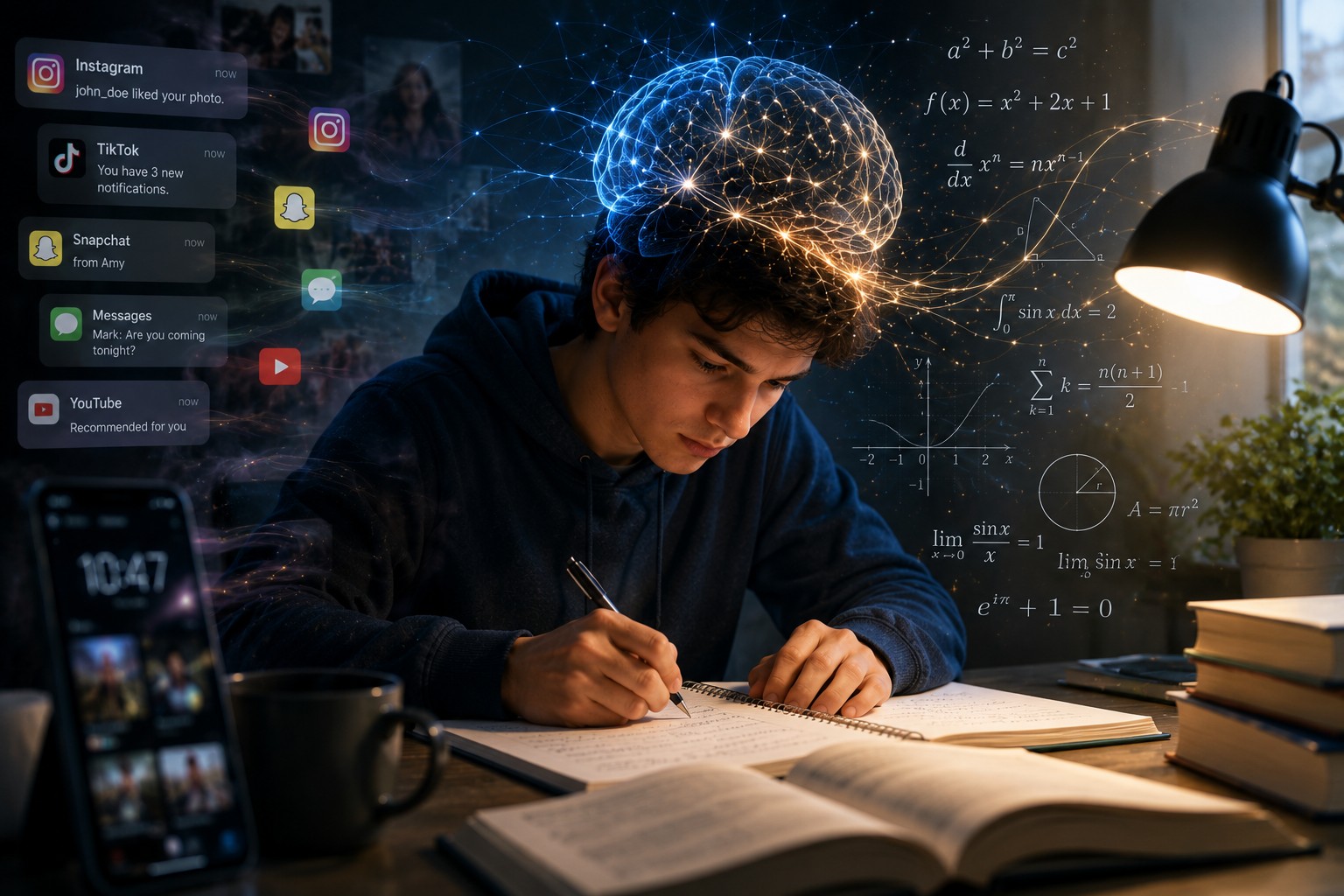 A student practicing mathematics with complete concentration while notifications, social media icons, and distractions fade into the background.