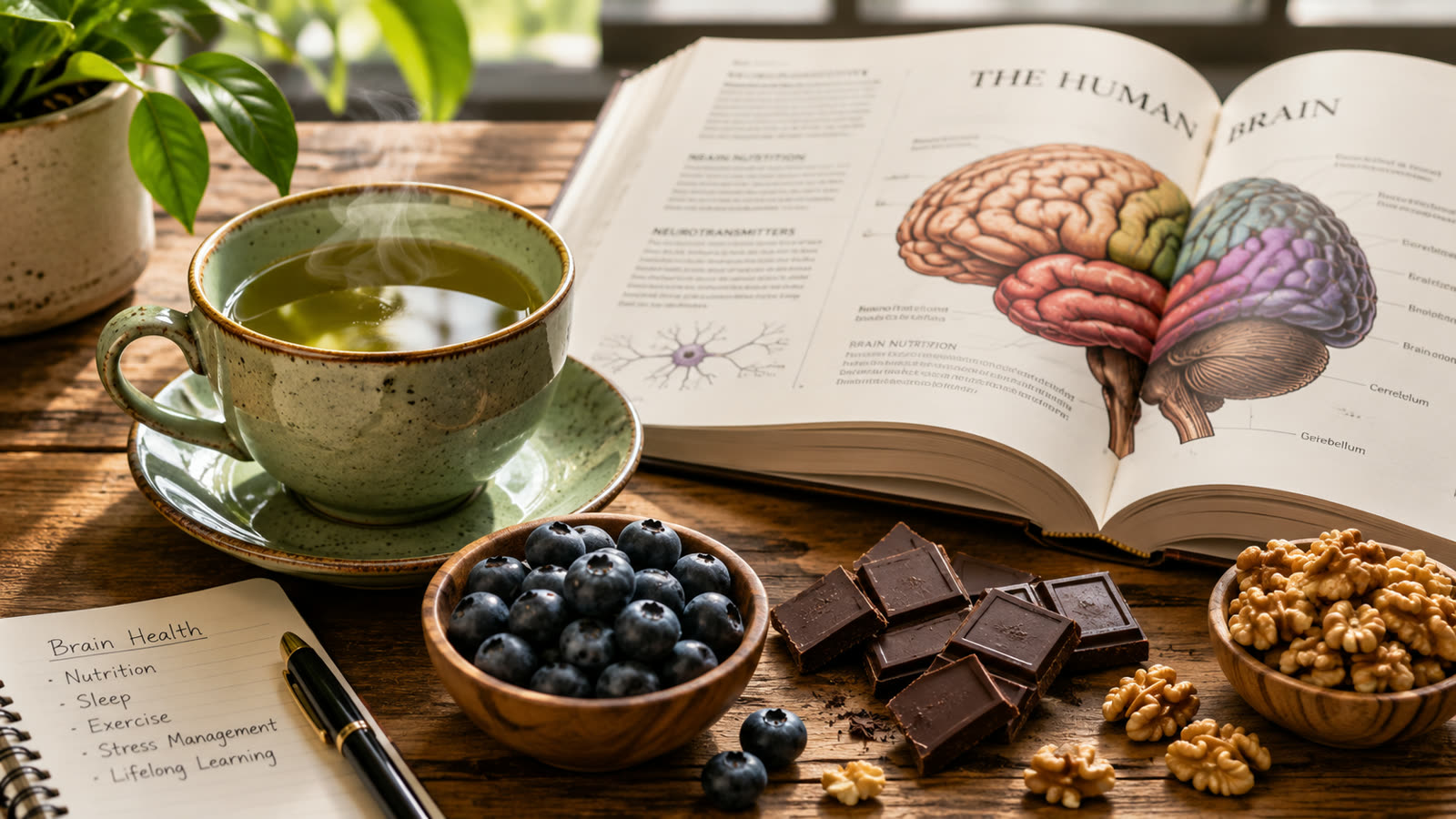 A cup of green tea beside dark chocolate, blueberries, walnuts and an open neuroscience book on a wooden desk — evidence-based cognitive nutrition.