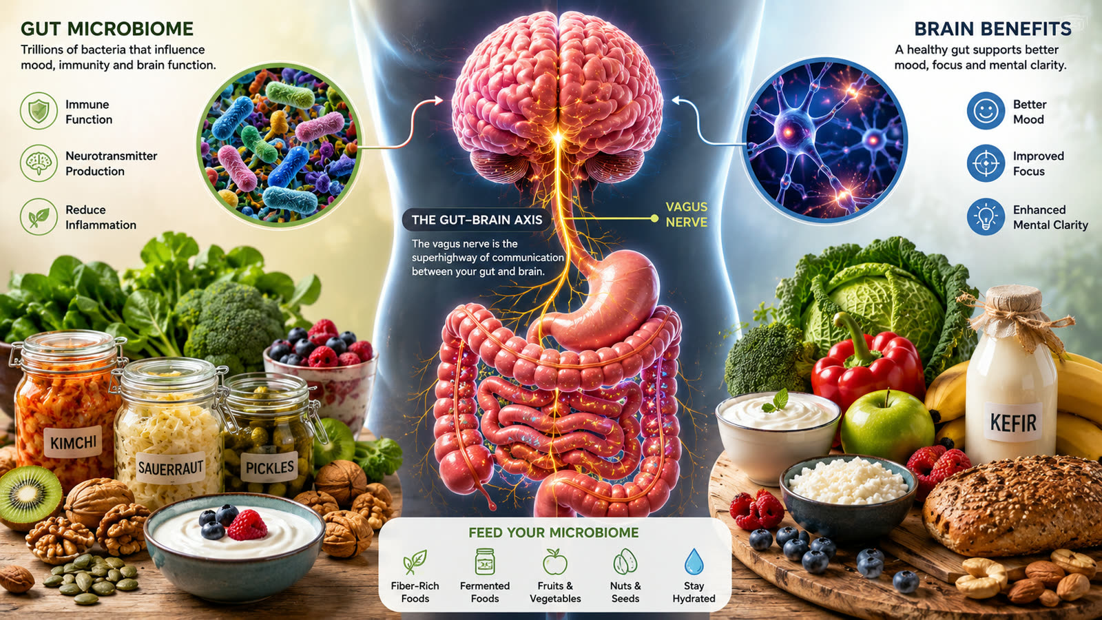 A healthy gut microbiome connected to the human brain through the vagus nerve, surrounded by colorful fruits, vegetables, yogurt and fermented foods.