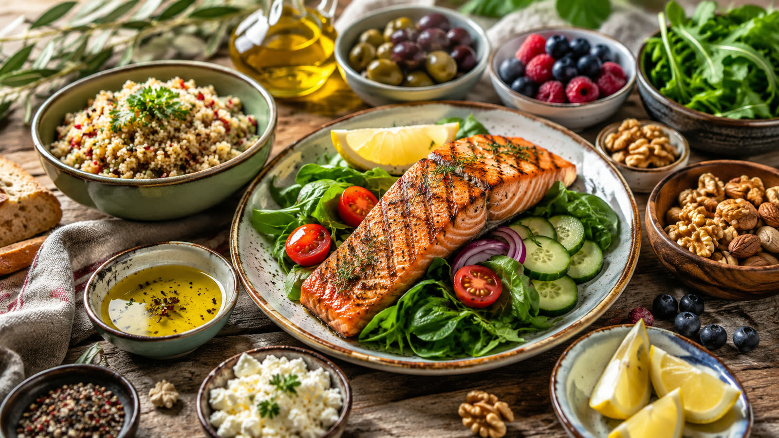 A Mediterranean-style meal featuring grilled salmon, leafy greens, olive oil, whole grains, berries and walnuts served on a rustic wooden table.