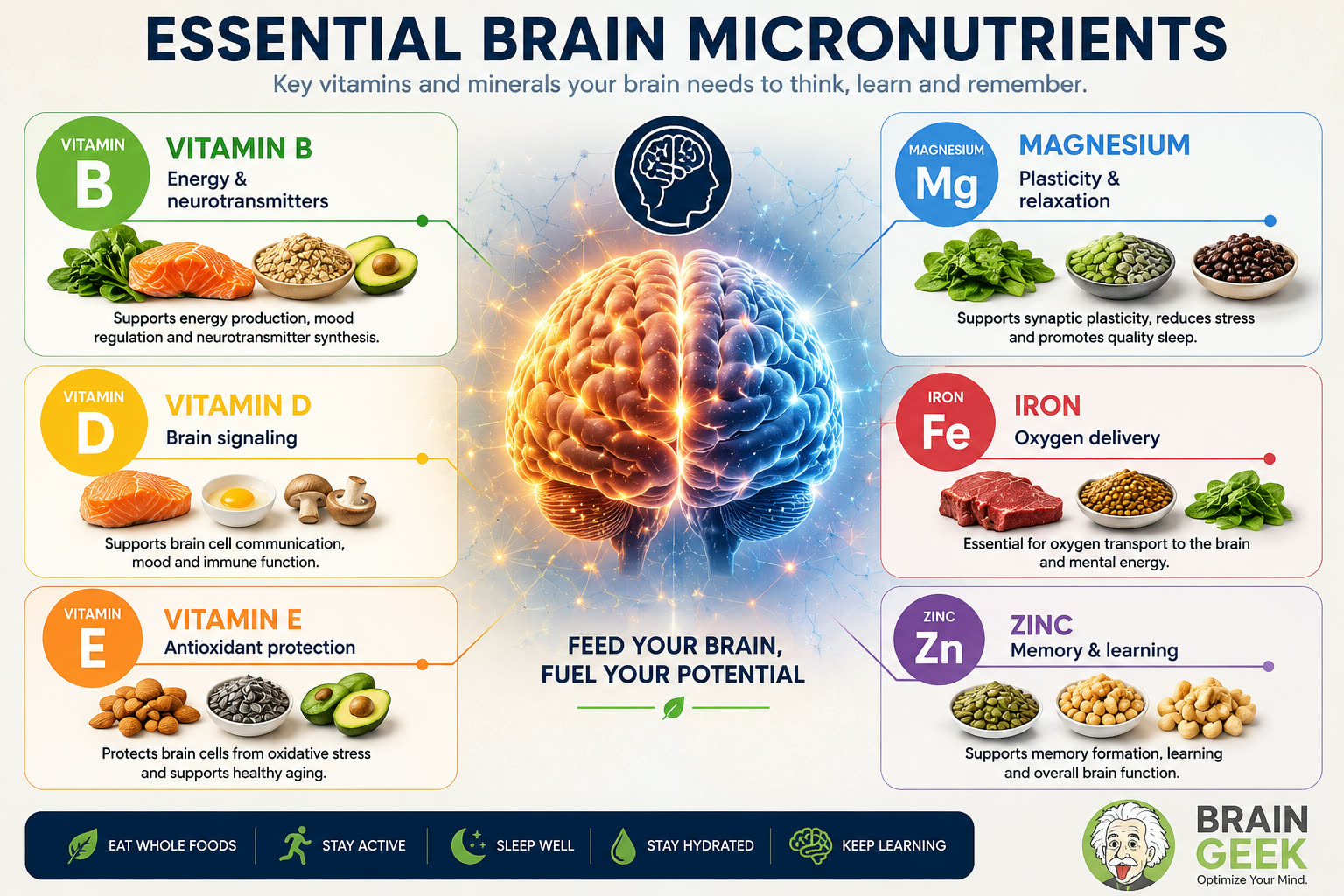 Essential brain micronutrients infographic — Vitamin B for energy and neurotransmitters, Vitamin D for brain signaling, Vitamin E for antioxidant protection, Magnesium for plasticity and relaxation, Iron for oxygen delivery, Zinc for memory and learning.